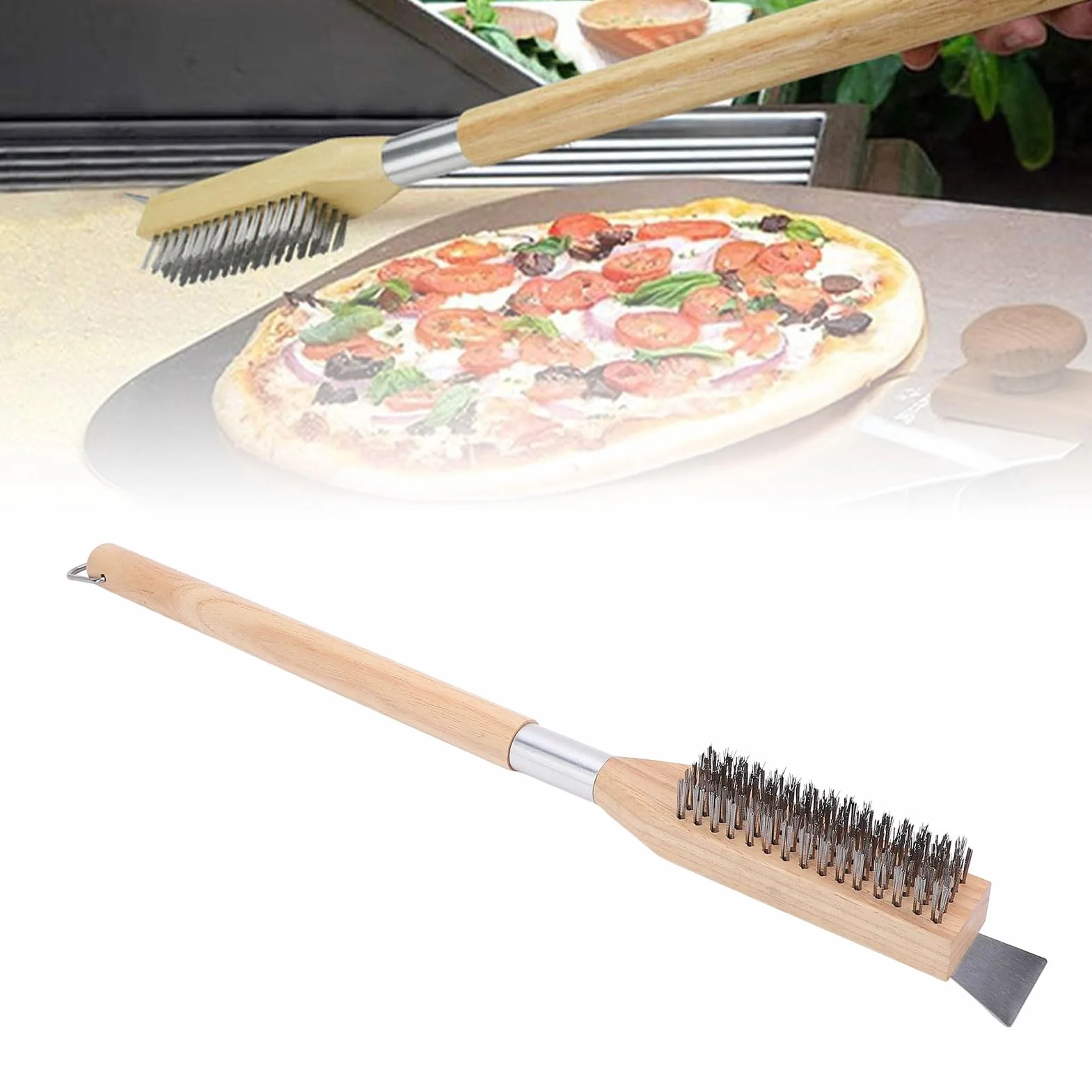 Skrobak ze Stali Nierdzewnej z Drewnianym Uchwytem, ​​stalowa Szczotka do Piekarnika do Pizzy, do Restauracji