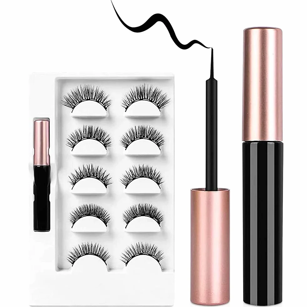 URAQT 5 par magnetycznych, grubych, długich, sztucznych rzęs 3D, z eyelinerem, naturalnie magnetyczne rzęsy, zestaw ze szczypcami, wodoodporne i wielokrotnego użytku