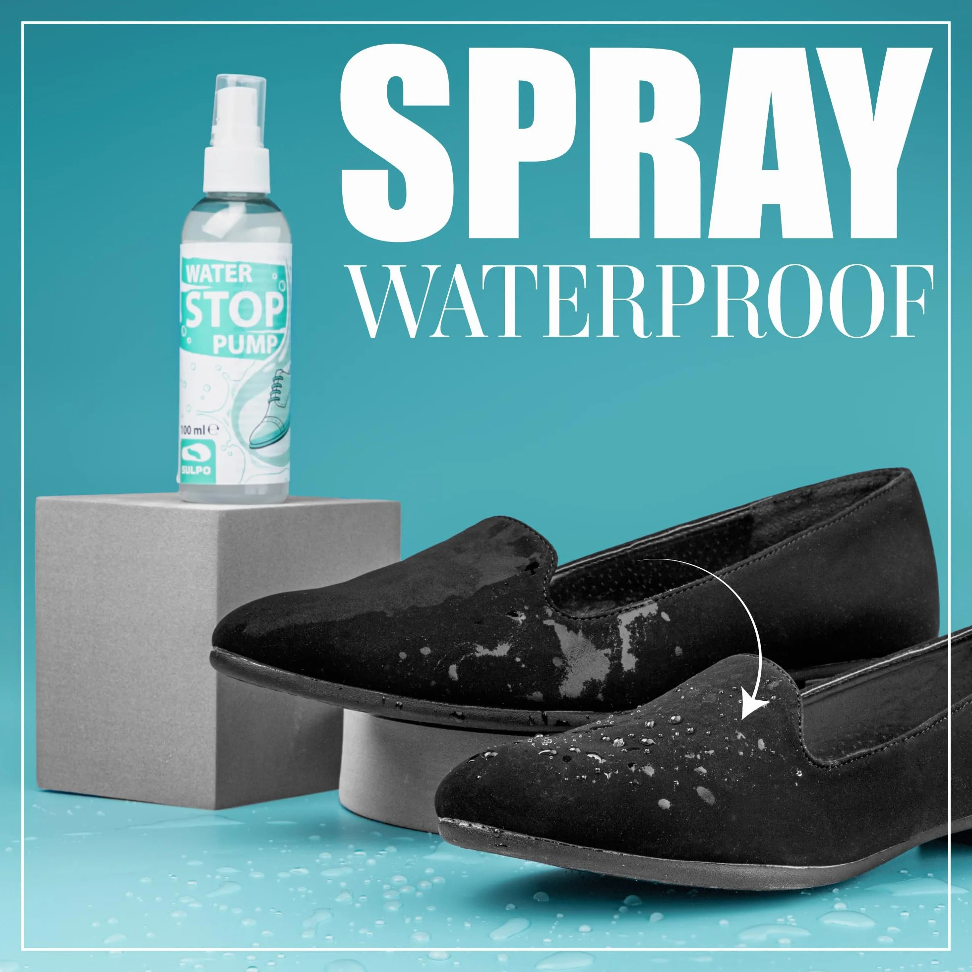 SULPO Impregnat do butów – Ochrona WATER STOP do obuwia, tkanin i skóry – Do sneakersów, odzieży outdoorowej, dziecięcych i zwierzęcych akcesoriów 2 x 100 ml