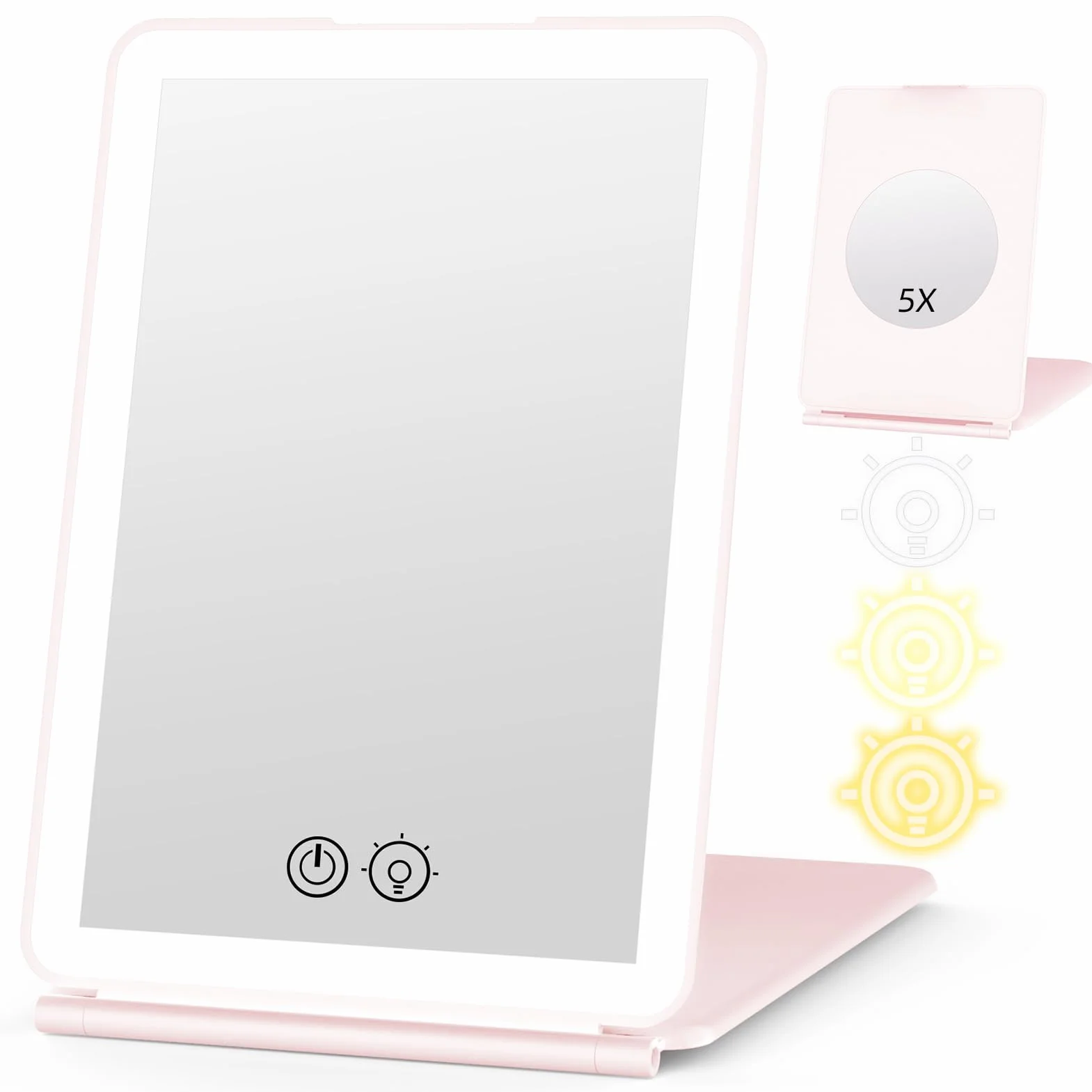 WEILY Podświetlane lustro do makijażu, 5 x podświetlane lustro powiększające, 3 zmienne kolory ekran dotykowy, lustro LED, USB z możliwością ładowania, toaletka w podróży (różowe)