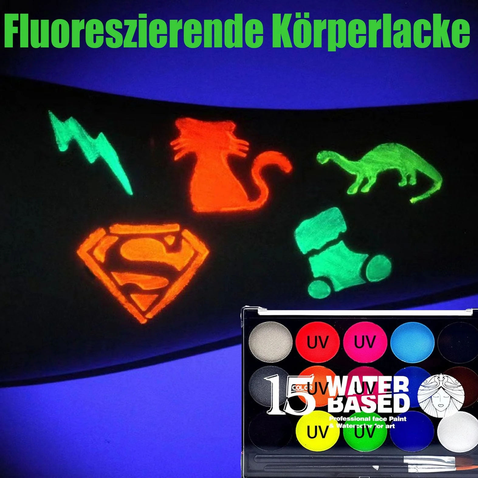 15-kolorowa, neonowa paleta do malowania twarzy UV – na bazie wody, świeci w świetle UV, żywa i trwała, łatwa do nałożenia pędzlem, hipoalergiczna, idealna na Halloween, cosplay, imprezę