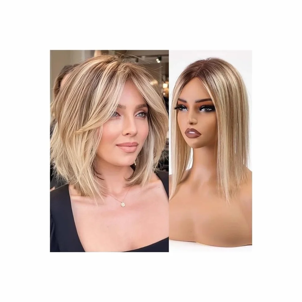 Nakładki z prawdziwych włosów z grzywką szwajcarska koronka 14 cali Ombre Blonde Mix Brown