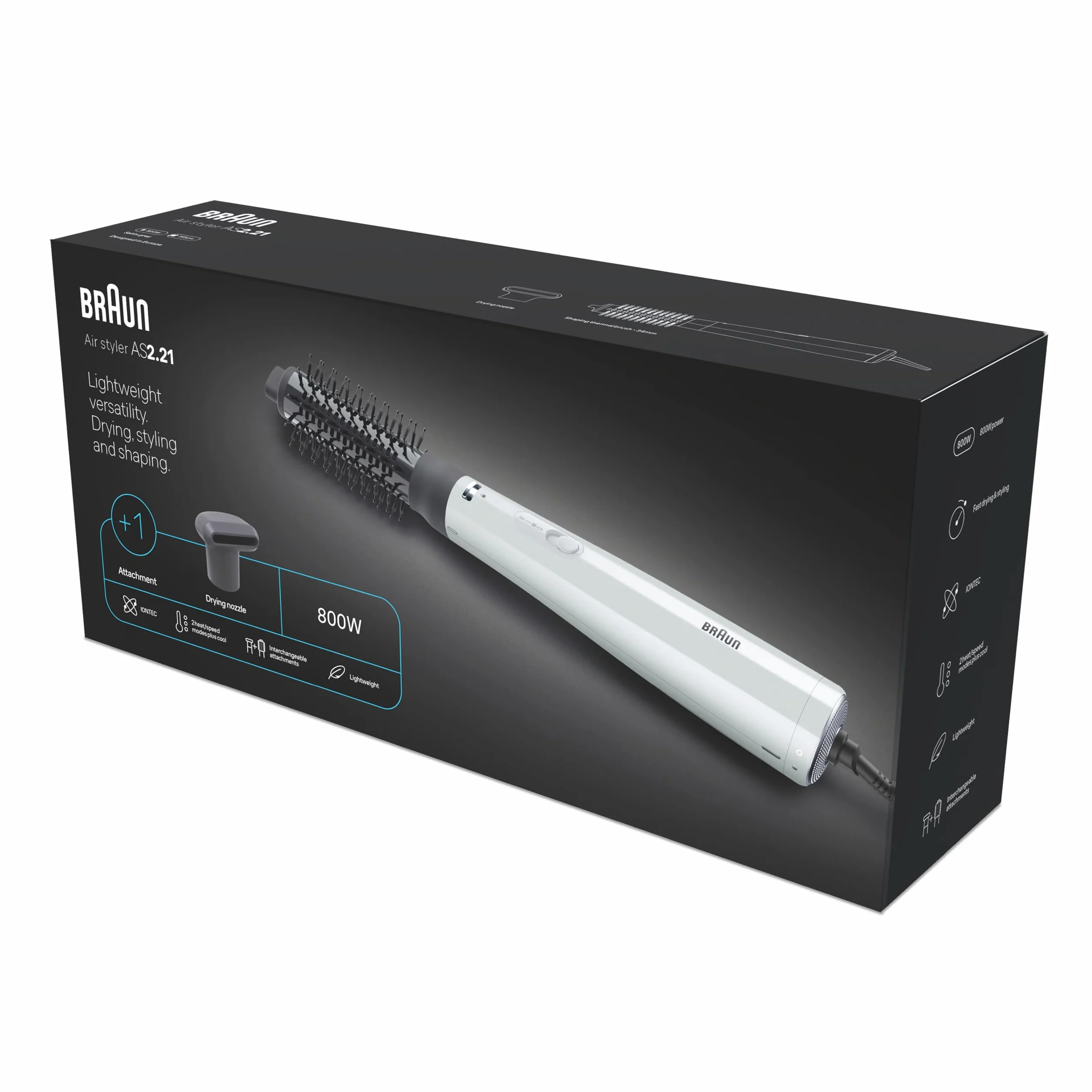 Braun Air Styler AS2.21, szczotka termiczna, dysza do suszenia, silnik 800W, 2 tryby temperatury/prędkości, chłodny nawiew, technologia IONTEC, szare wykończenie, BRAS221E