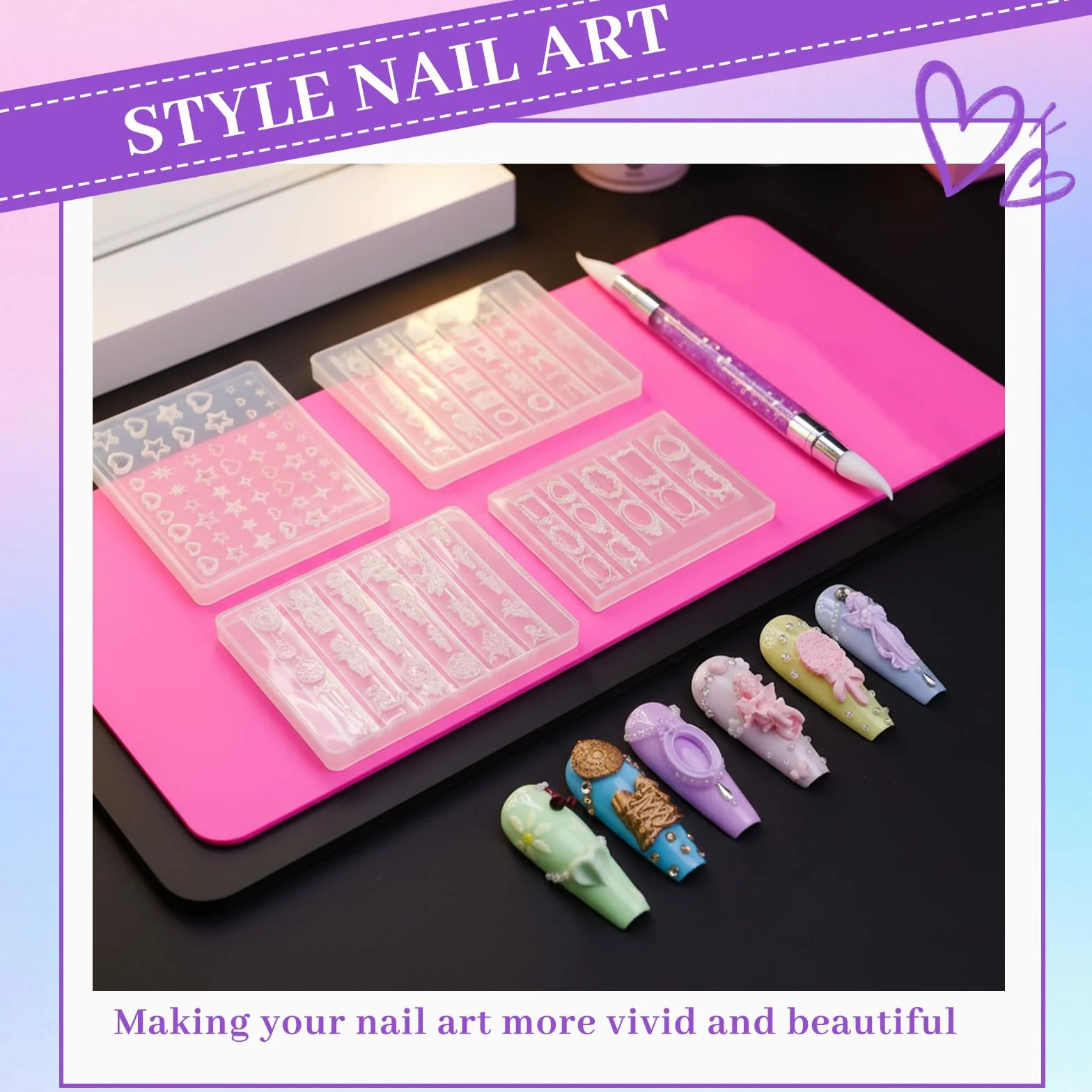 Nails Mold, 4 szt. Stempel do paznokci Zestaw z żelem 3D Nail Art Silikonowy kształt Motywy Y2K, szablony do stempli do paznokci