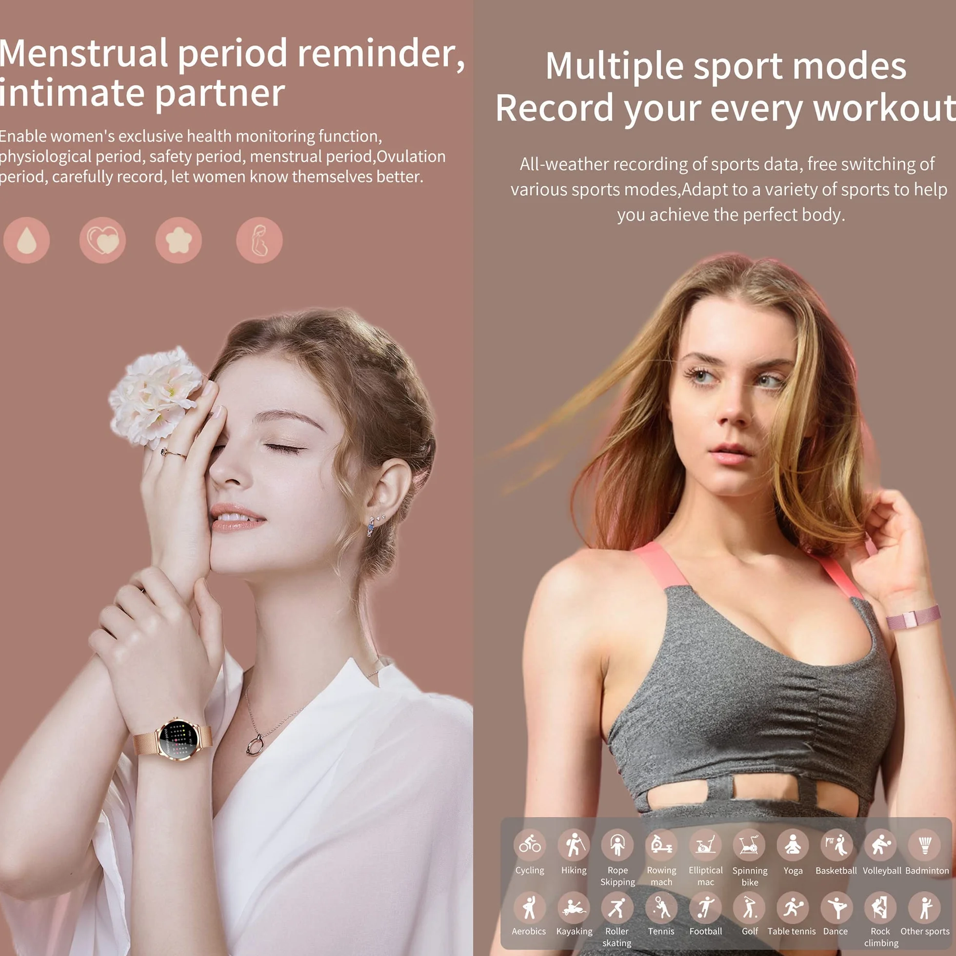 Damski smartwatch, IP68 wodoodporny sportowy smartwatch, 1,1 cala dotykowy pełna kalorii, SpO2, Menstrual Record, Krokomierz Inteligentna bransoletka aktywności z iOS Android