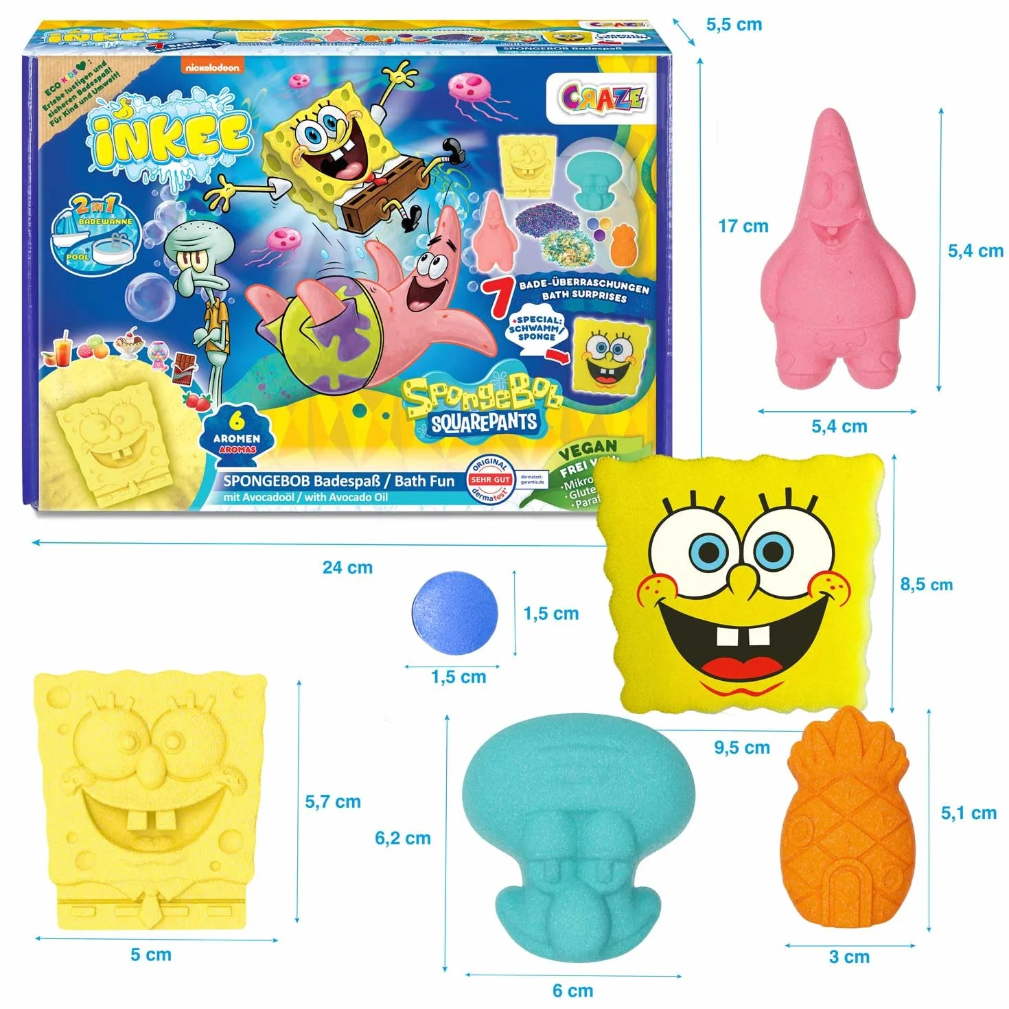 INKEE Zestaw Prezentowy SpongeBob Zestaw do Kąpieli 7 Dodatków, Kule i Sól do Kąpieli dla Dzieci z Olejem Awokado + Akcesoria – Zabawka od 3 Lat