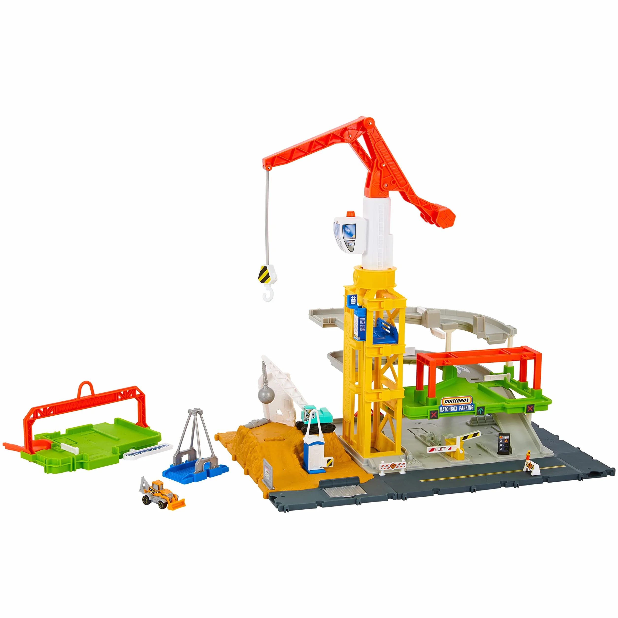 Matchbox Prawdziwe Przygody Strefa budowy Zestaw światła i dźwięki, dźwig (50,5 cm wysokości) z akcesoriami i 1 pojazd Matchbox Koparka, HPD63