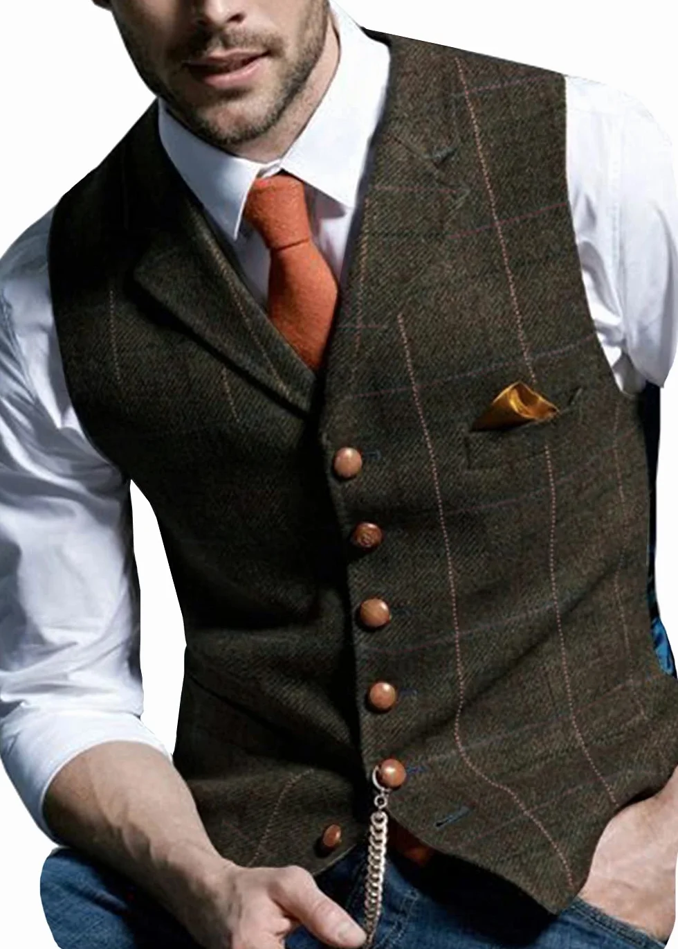 Męska kamizelka w stylu retro, pled, wełniana, luźna, tweed, wzór w jodełkę, do smokingu