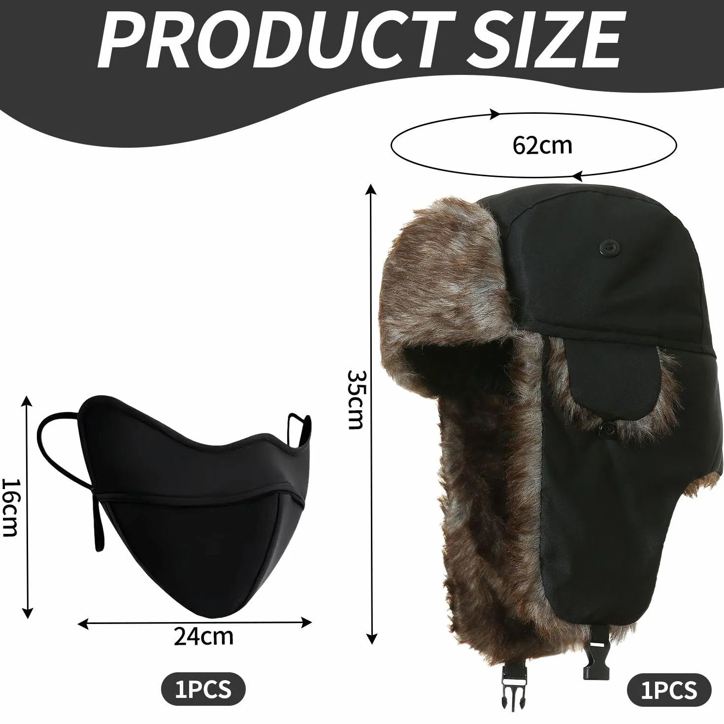 1 czapka ochronna na słuch i 1 wiatroszczelna maska, ciepła czapka zimowa, wodoodporna czapka, miękka pluszowa czapka, zimowe produkty outdoorowe, czarny, S-M