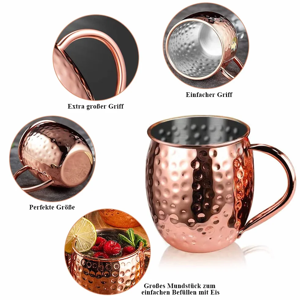 Moscow Mule zestaw 4 kubków, miedziane kubki Moscow Mule, młotkowane, ręcznie wykonane szklanki do koktajli z 4 miedzianymi filiżankami, 4 słomki, 1 szczypce do lodu, idealne dla krewnych i przyjaciół.