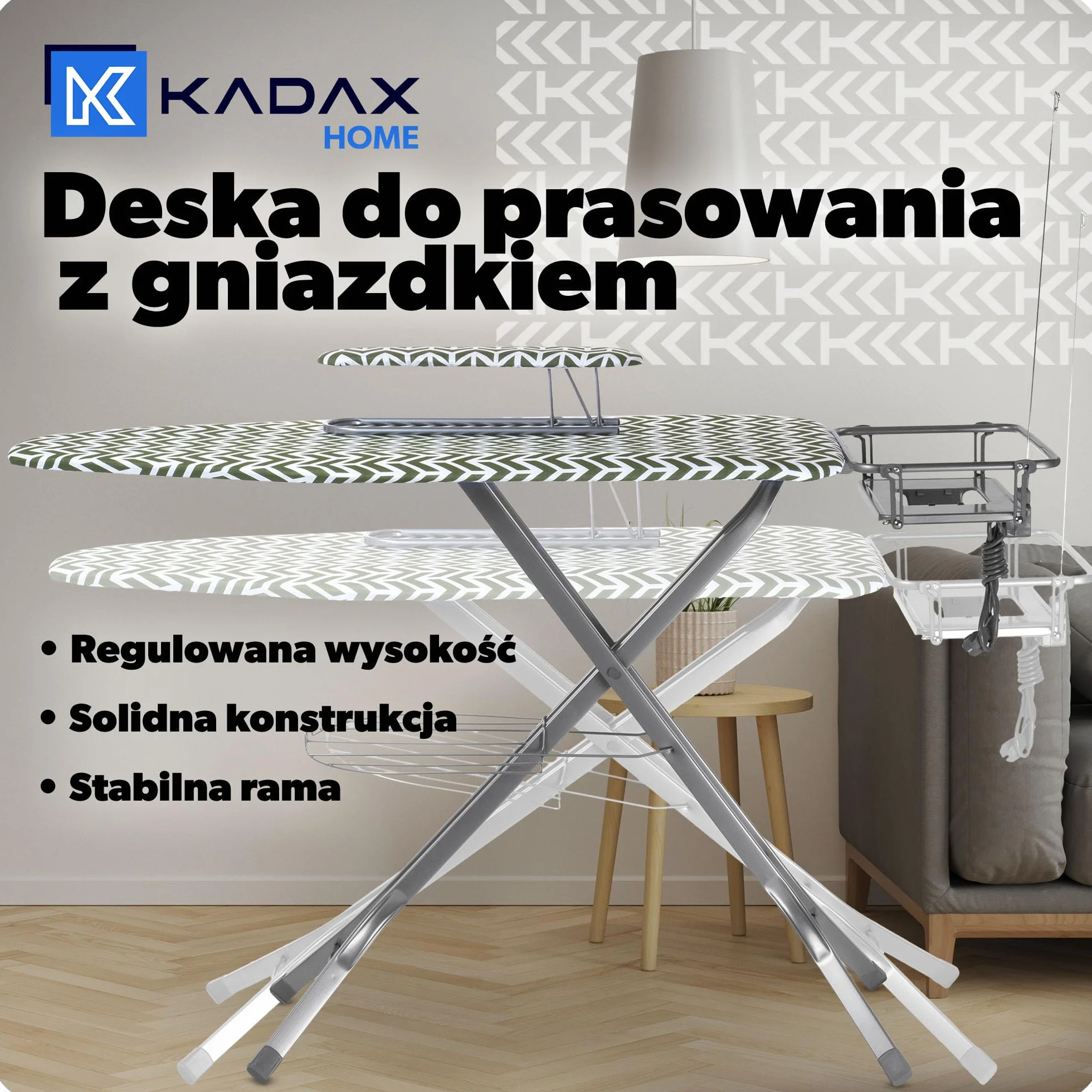 Kadax Składana deska do prasowania z wtyczką, regulacją wysokości, zdejmowanym pokrowcem, rękawem do prasowania oraz uchwytem na żelazko i wspornikiem na kabel (zielona)