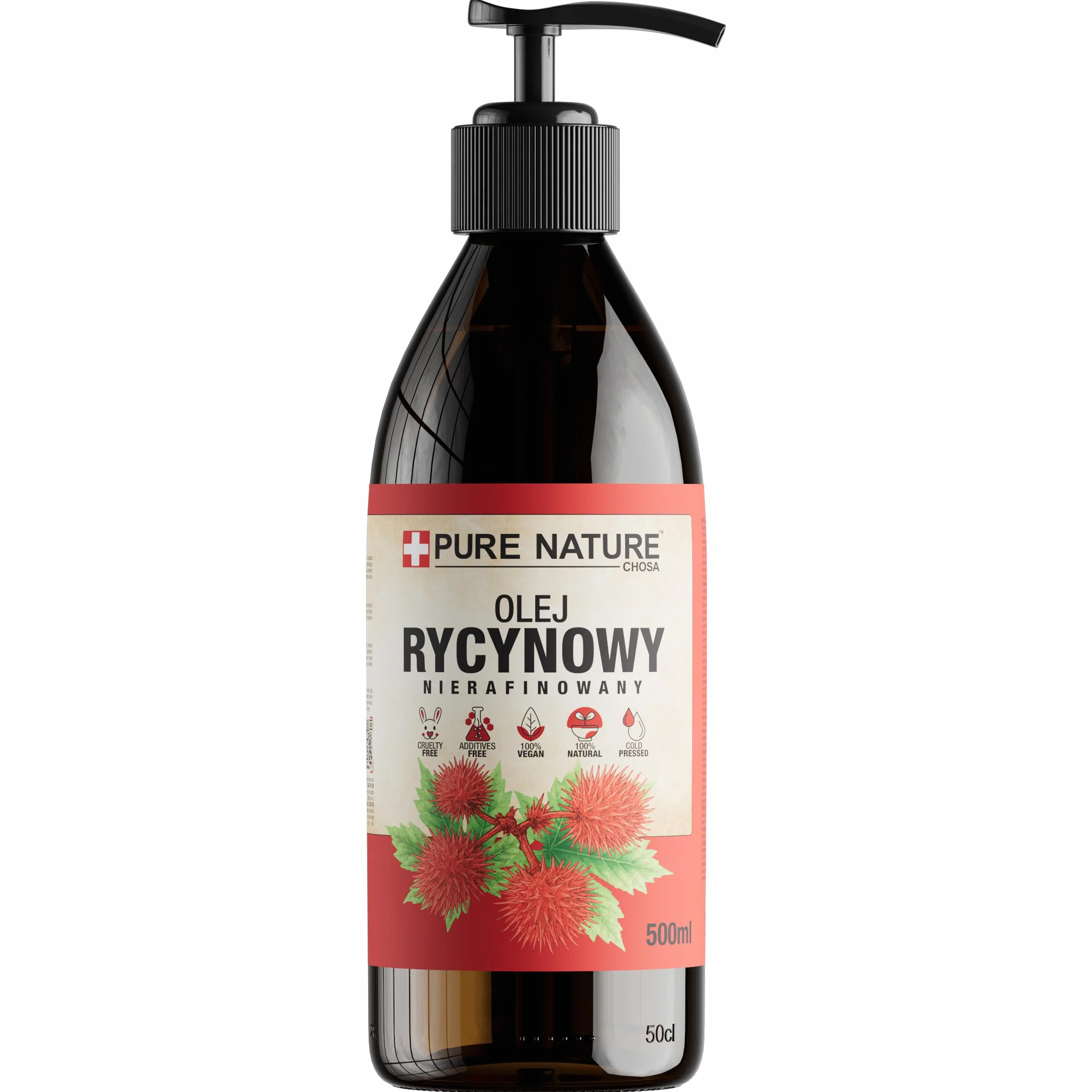 Organiczny olej rycynowy 0,5L nierafinowany tłoczony na zimno 100% czysty wegański rzęsy brwi włosy broda paznokcie