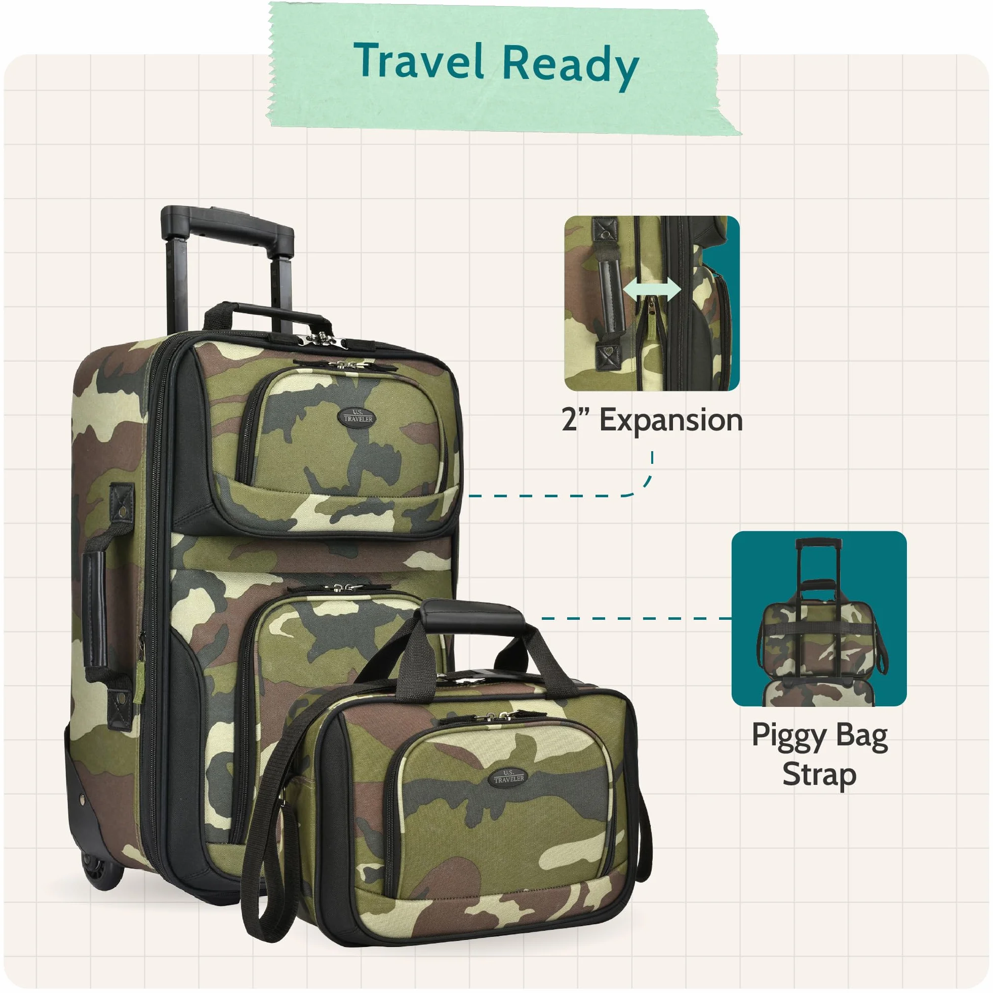 U.S. Traveler Rio Bagaż podręczny, lekka, miękka walizka, bagaż podręczny na kółkach, 50 cm, Kamuflaż, Set