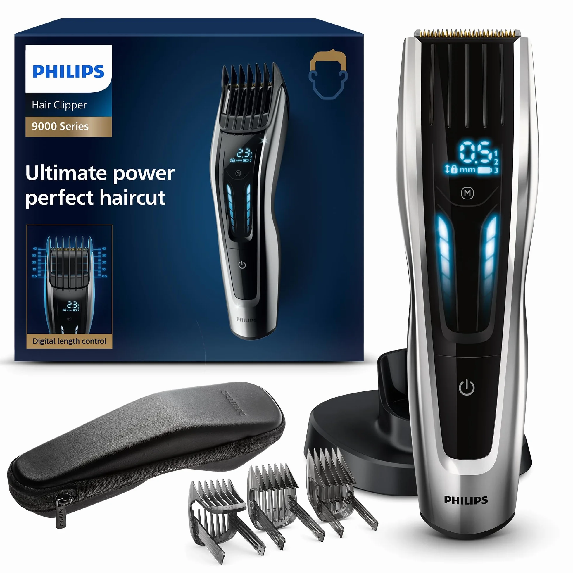 Philips Maszynka do strzyżenia włosów 9000, trymer Auto Turbo z technologia Dual Cut, grzebienie z napędem, 400 ustawień długości, 120 Min. Czas pracy, Bezobsługowość, Podstawka ładująca, HC9450/20