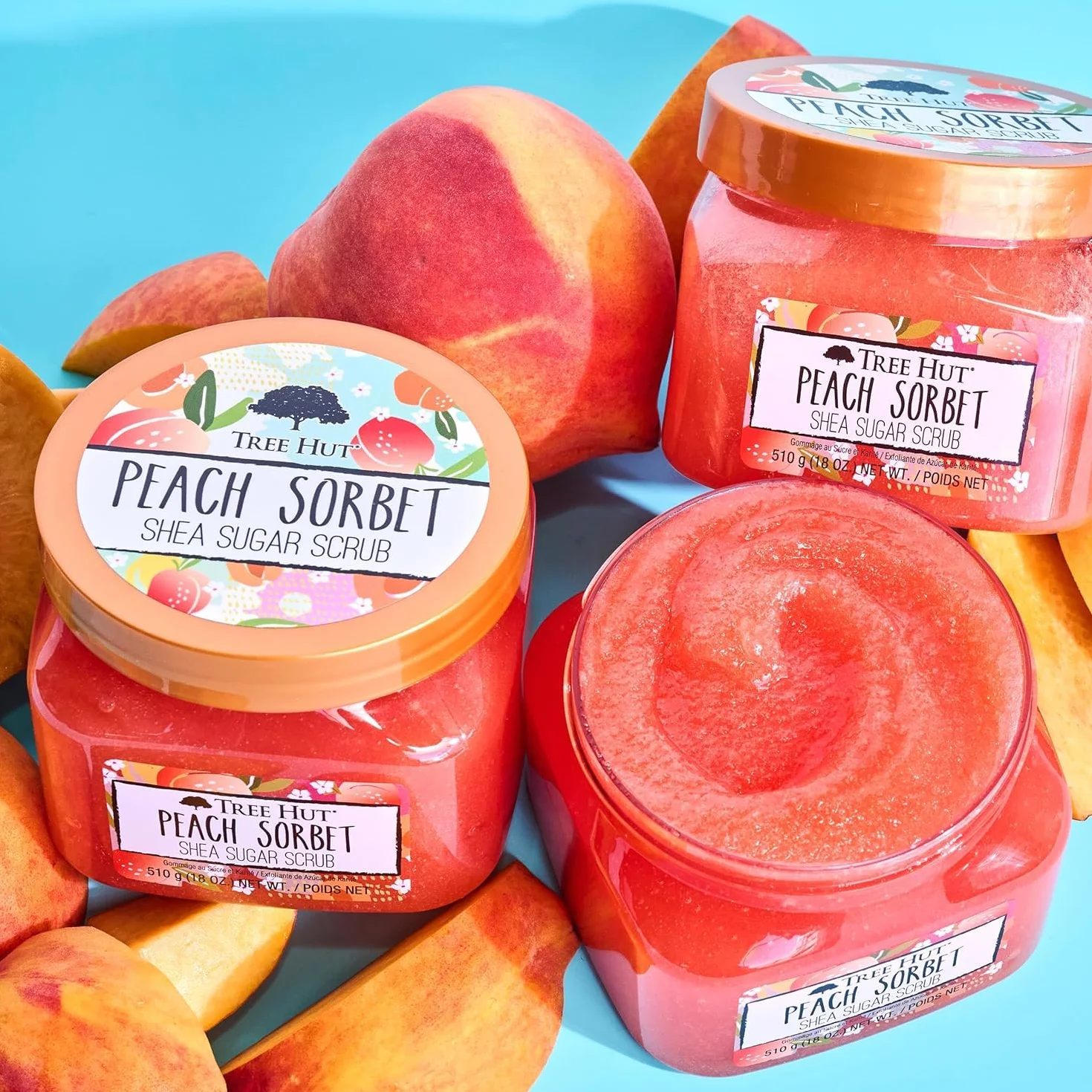 Tree Hut Peach Sorbet Shea Sugar Scrub, 18 uncji, Ultra nawilżający i złuszczający peeling do pielęgnacji niezbędnej pielęgnacji ciała