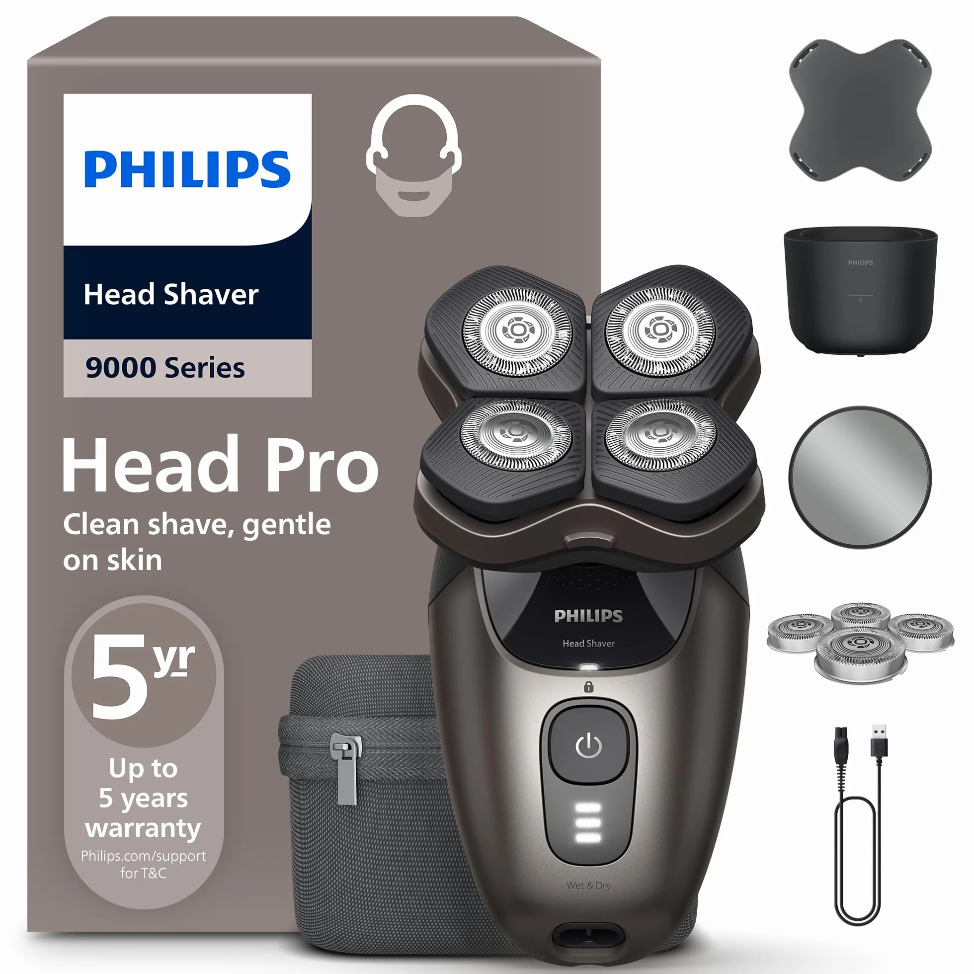 Philips Head Shaver Pro 9000 – golarka do głowy, głowica 360° Flexing Head i ostrza ComfortCut zapewniają dokładne golenie i są delikatne dla skóry, idealny prezent, model HS9980/15