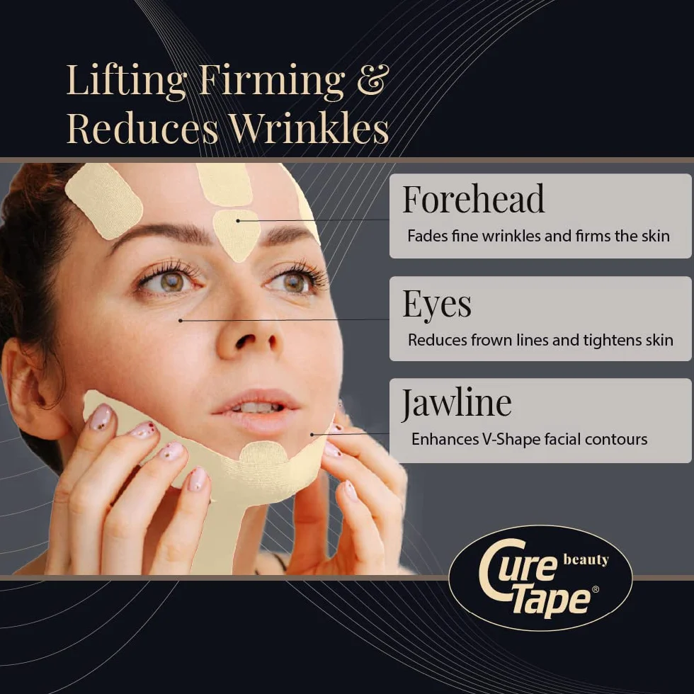 CureTape Taśma kinezjologiczna Beauty – naturalne lifting twarzy bez operacji! Taśma przeciwzmarszczkowa do skóry wrażliwej, hipoalergiczna, wodoodporna, oddychająca i delikatna – dla jędrnego