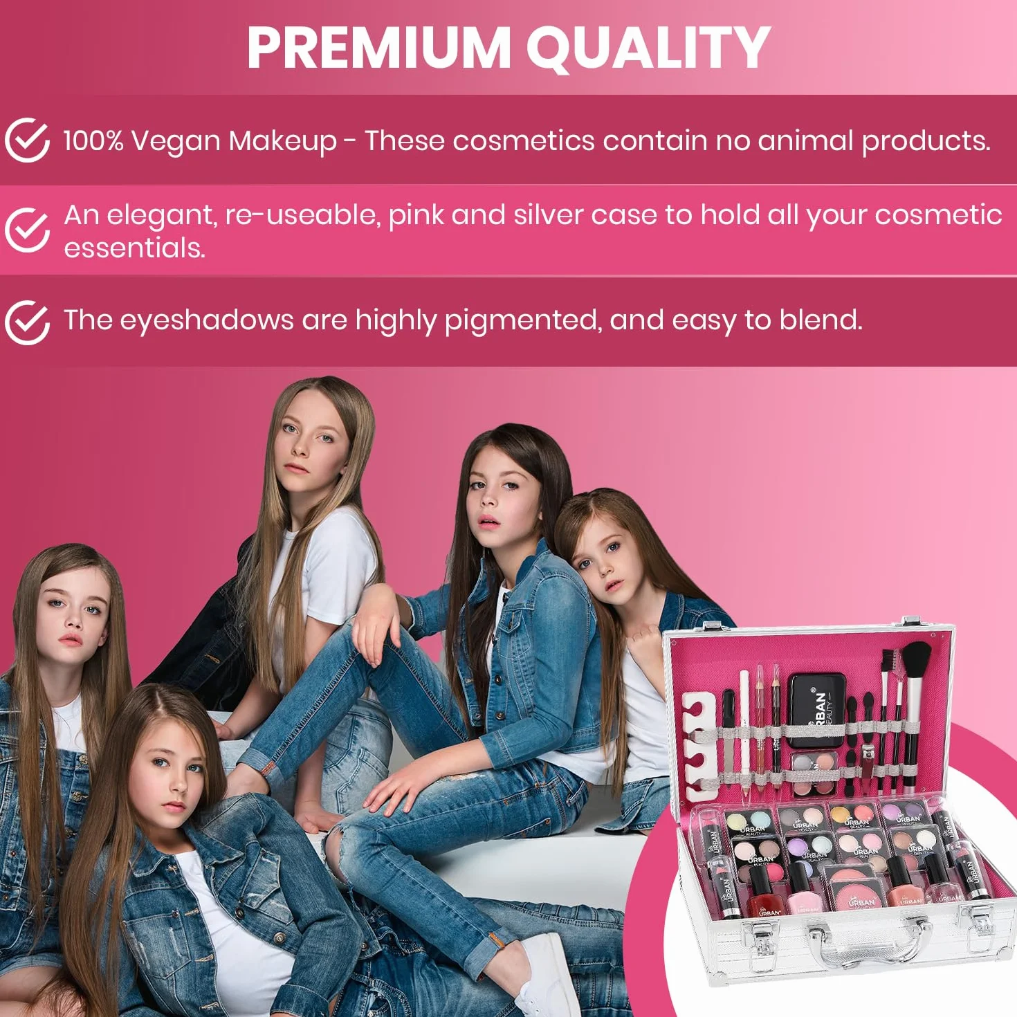 LOVE URBAN BEAUTY Essentials Wegańska kosmetyczka na kosmetyki – 64-częściowy wegański zestaw do makijażu dla nastolatków – Eleganckie srebrne pudełko – Kompaktowa i lekka konstrukcja