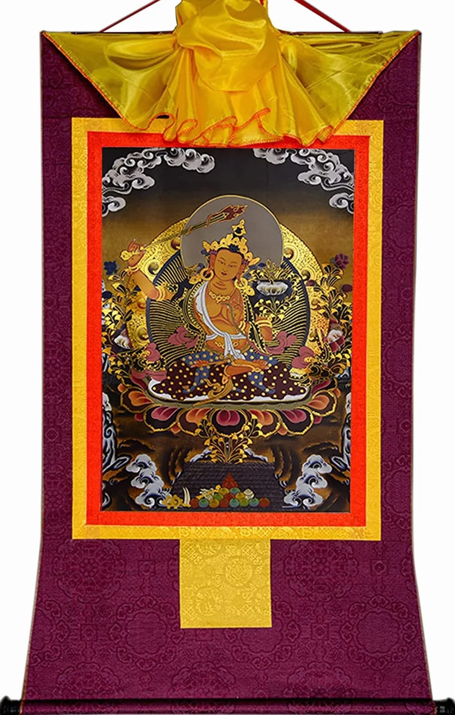 Buddyjski gobelin, tybetańska Thangka, Manjusri, mądrość budda, tybetańska sztuka malowania Thangka, buddyjski brokat Thangka, budda gobelin ze zwojem, czarny typ (Color : Purple, Size : Large(85cm*