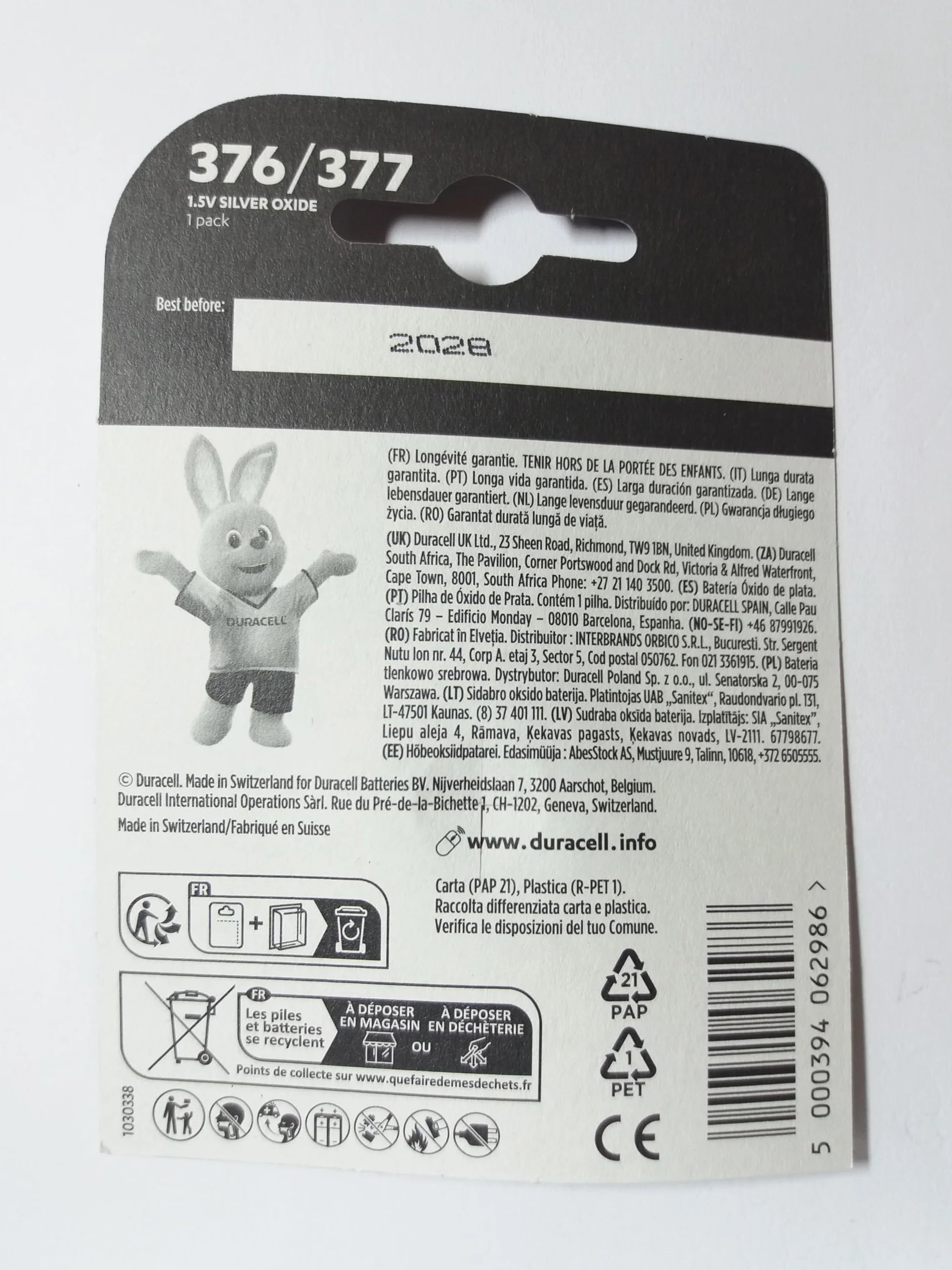 Duracell 377 SR626SW SB-AW AG4 1,55 V bateria do zegarka z tlenku srebra