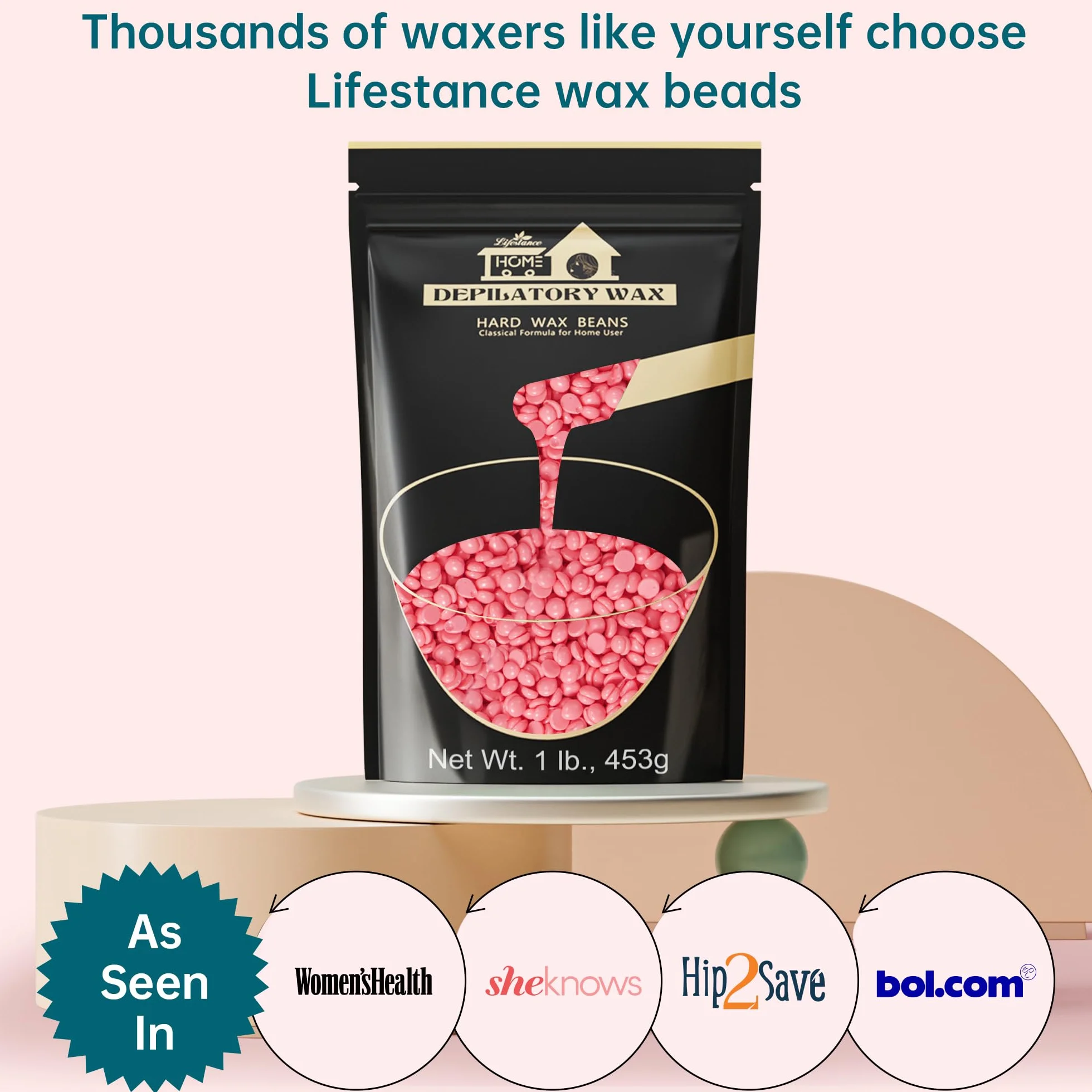 Lifestance Koraliki woskowe, 450 g, różowe koraliki woskowe, brazylijski wosk bikini z 10 aplikatorami, koraliki woskowe bez pasków do twarzy, górnej wargi, nóg, brwi do delikatnego usuwania włosów.