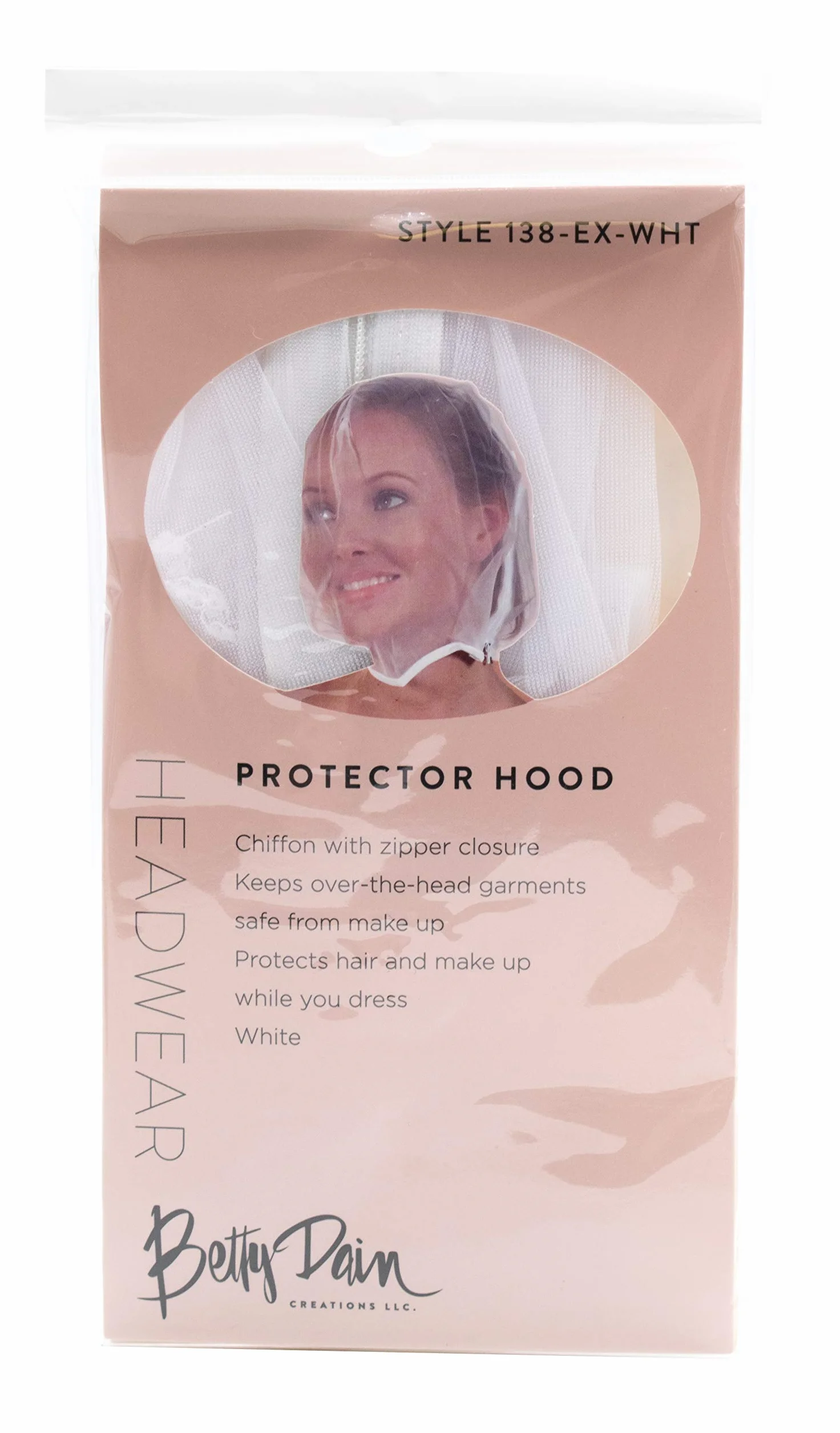 Makeup Protector Hood, Protects Hair and Make Up While Getting Dressed, Nylon Chiffon, Light and Airy, Triple Protection, Zipper closure, Machine Washable, White