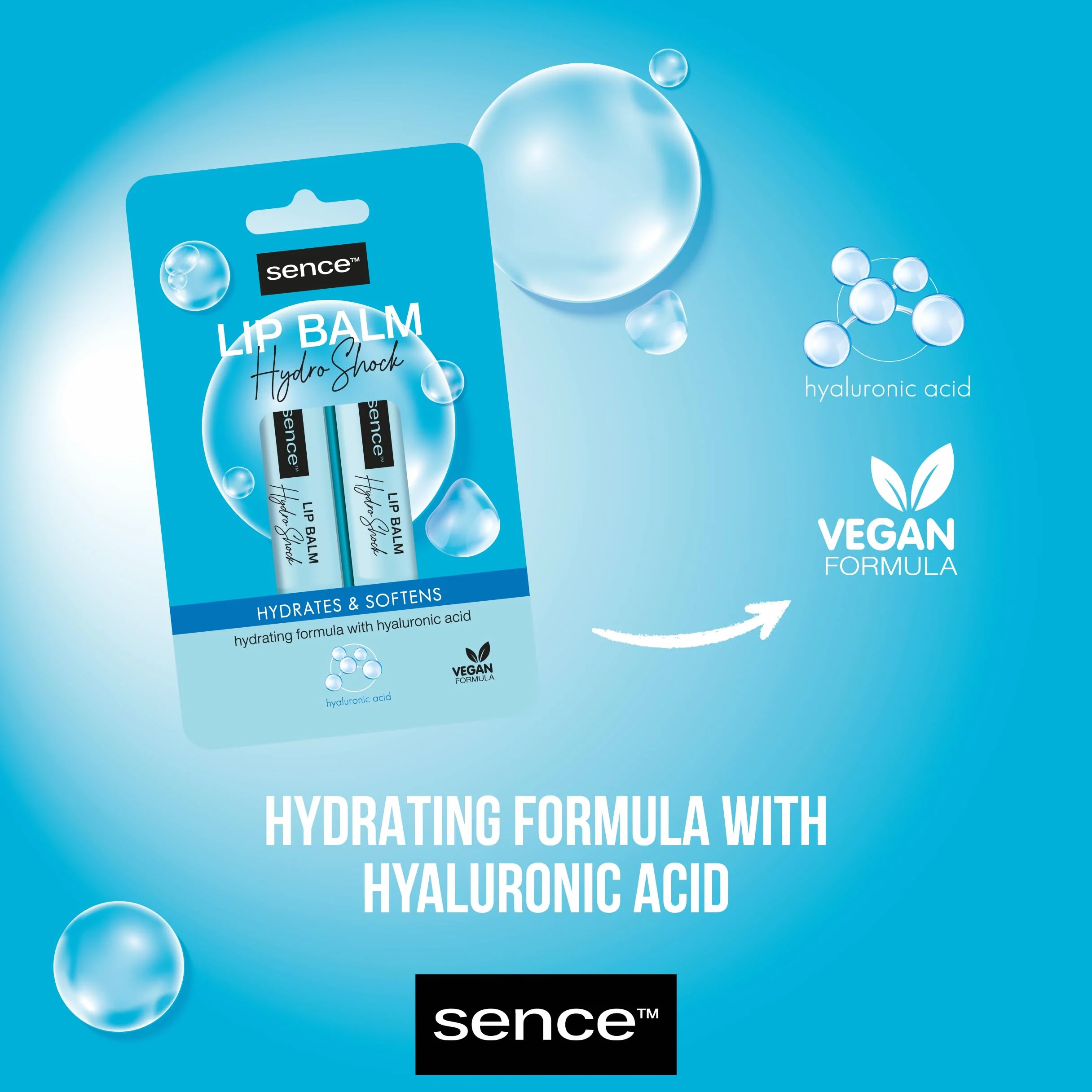 Sence Balm Hydro Shock, pomadka do ust z kwasem hialuronowym i parafiną, kosmetyk do pielęgnacji ust, pielęgnacja na dzień dla gładkich ust, wegańska pomadka do ust (2 x 4,3 g)