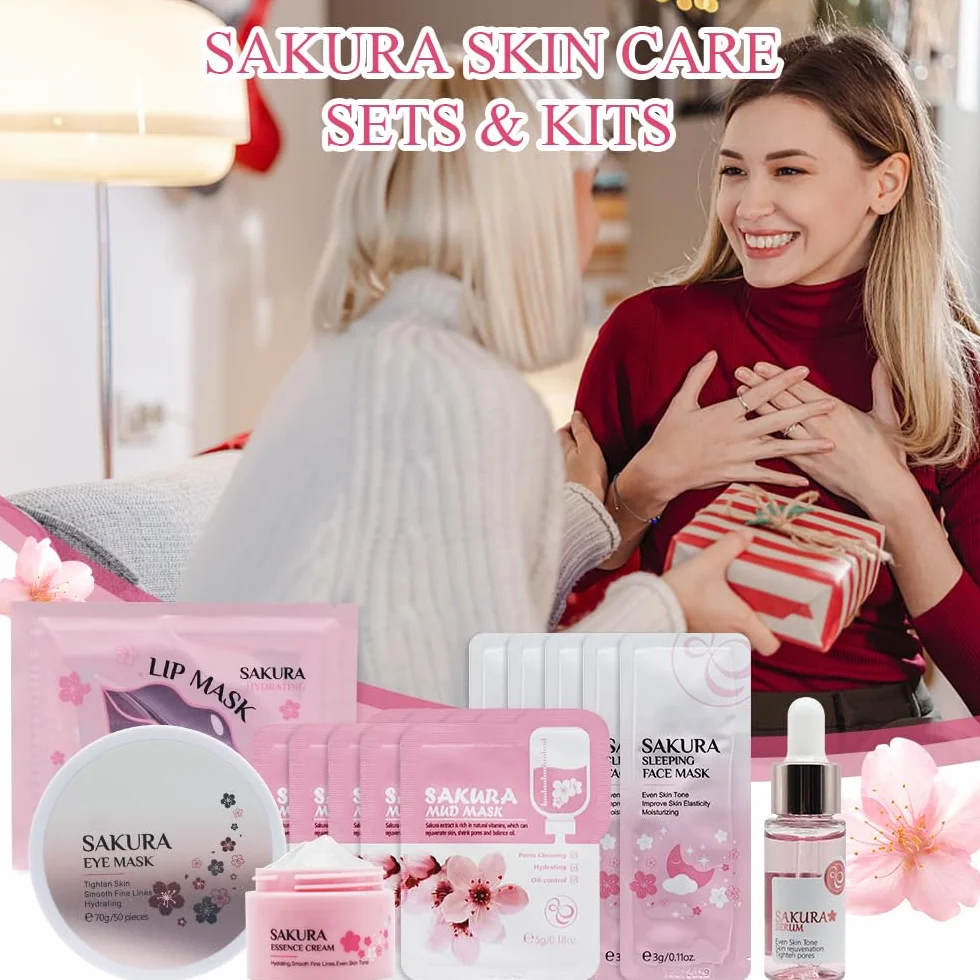 Zestaw upominkowy do pielęgnacji skóry, zestaw do pielęgnacji skóry, zestaw do pielęgnacji skóry Sakura, do pielęgnacji twarzy z ekstraktem z kwiatów wiśni dla kobiet