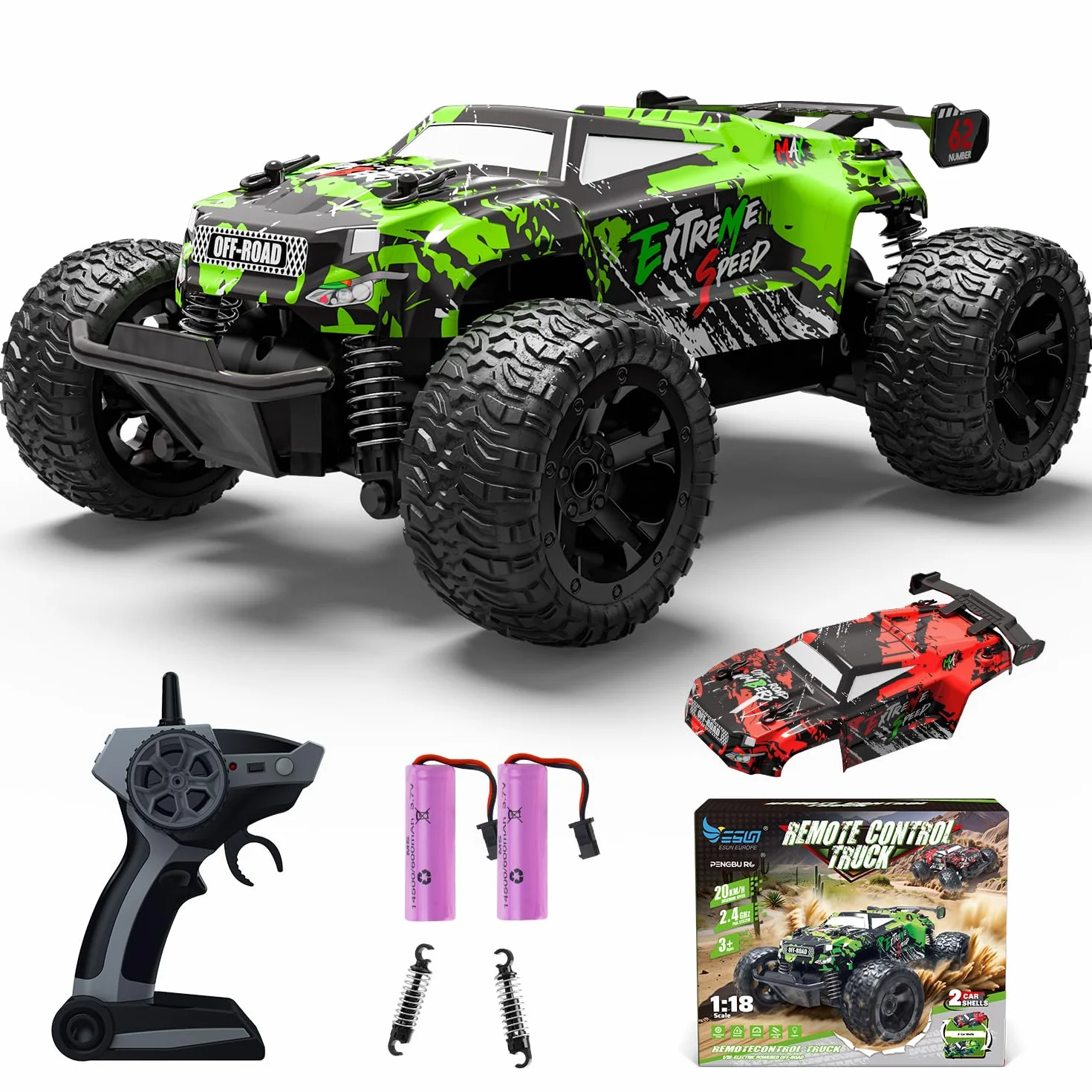 Monstertruck zdalnie sterowany, 1:18, samochód od 3 lat, 25 km/h, zdalnie sterowany monster truck ze światłem karoserii/dwie obudowy, 2,4 GHz Monster Truck zdalnie sterowany od 4, 6, 8 lat, dla dzieci