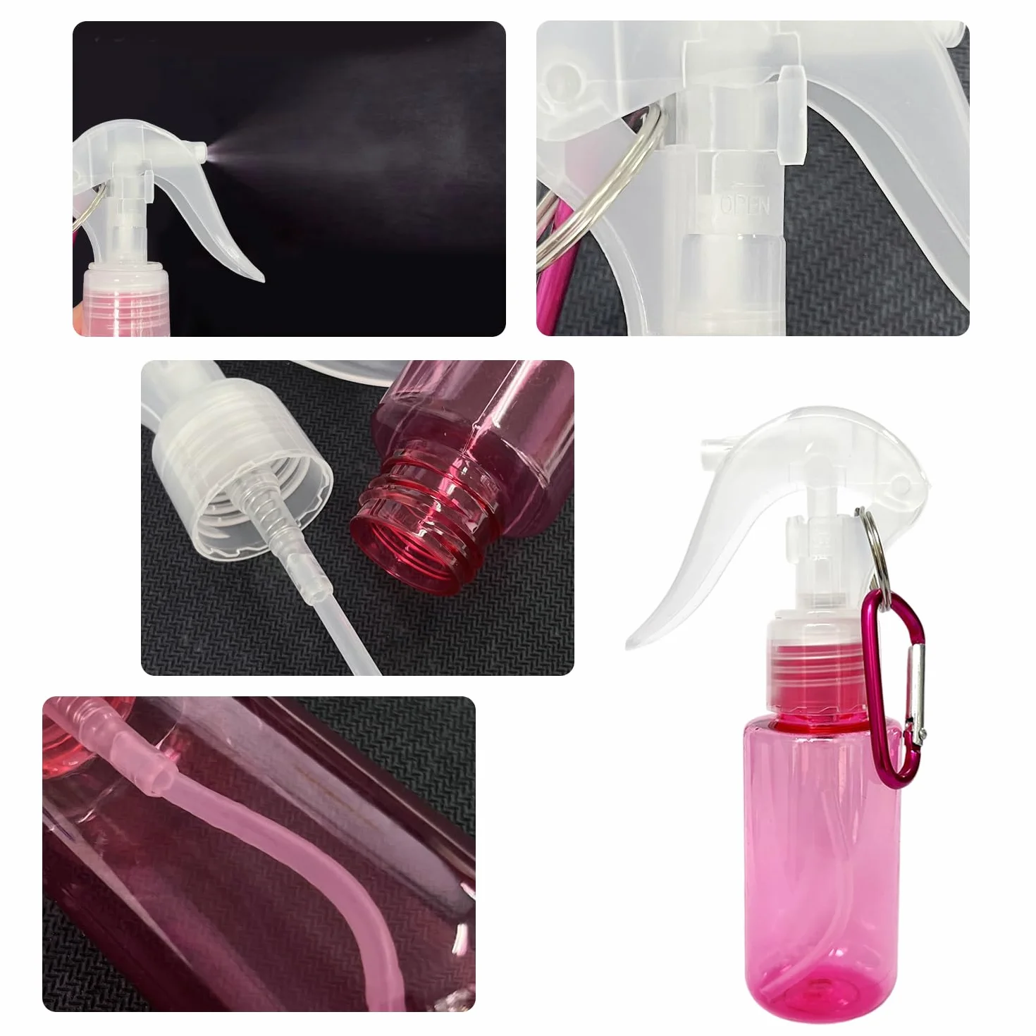 6 sztuk butelek z rozpylaczem 60 ml z 6 karabińczykami, 64 naklejkami, mini rozpylacz, przezroczysta butelka z rozpylaczem, przenośna butelka podróżna, pojemnik wielofunkcyjny do