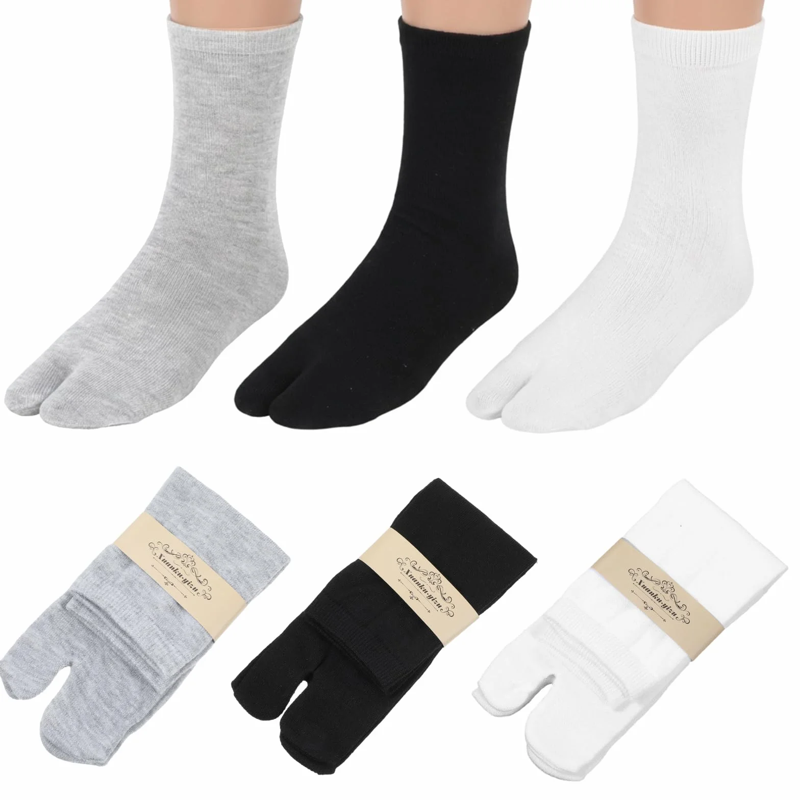 Qianyu 3 pary japońskich skarpet Tabi Unisex Tabi Flip Flop, Geta Bawełniane Split Toe, Tabi, elastyczne, miękkie i oddychające, białe i szare skarpety Tabi, dla kobiet i mężczyzn, kapcie typu Geta