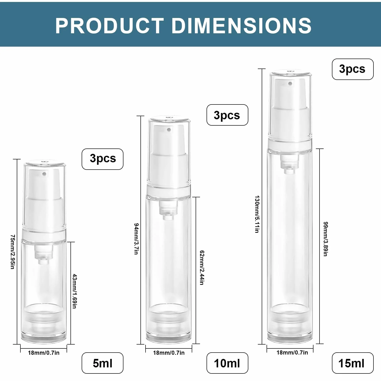 9 szt. Pompa bezpowietrzna 5 ml, 10 ml, 15 ml, bezpowietrzna pompa do przechowywania butelek z kremem, pompa próżniowa podróżna, dozownik kosmetyków do napełniania, do balsamu, szamponu w