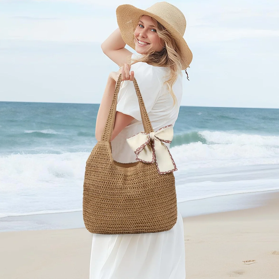 Damska torba plażowa, pleciona torba w stylu boho, szydełkowana torba letnia, torba plażowa, szydełkowana, torebka słomkowa, damska letnia torba na ramię, na urlop, podróż, plażę, lato i na co dzień
