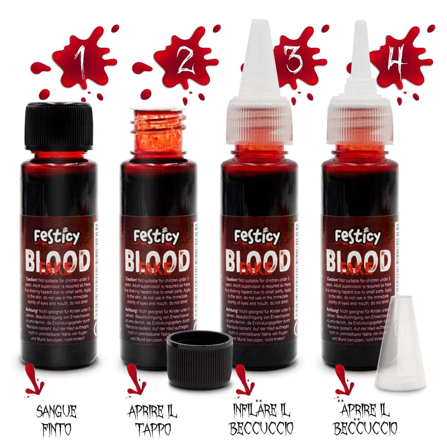 Festicy Premium Sztuczna krew 25 ml, na Halloween, sztuczna krew do kostiumów wampirów, potworów i zombie, zmywalna, sztuczna krew na Halloween, fałszywa krew o prawdziwym wyglądzie