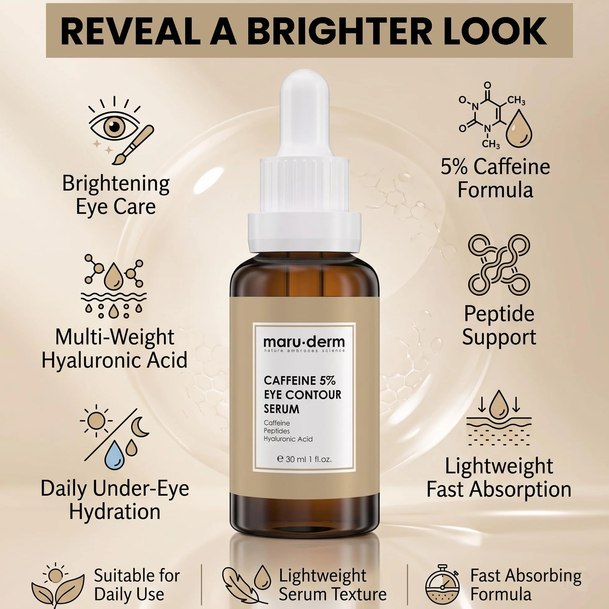 Maruderm Serum pod Oczy z Kofeiną 5% i Peptydami - Pomaga Zmniejszyć Cienie i Opuchnięcia, Długotrwałe Nawilżenie, Delikatna Skóra Okolic Oczu, 30 ML