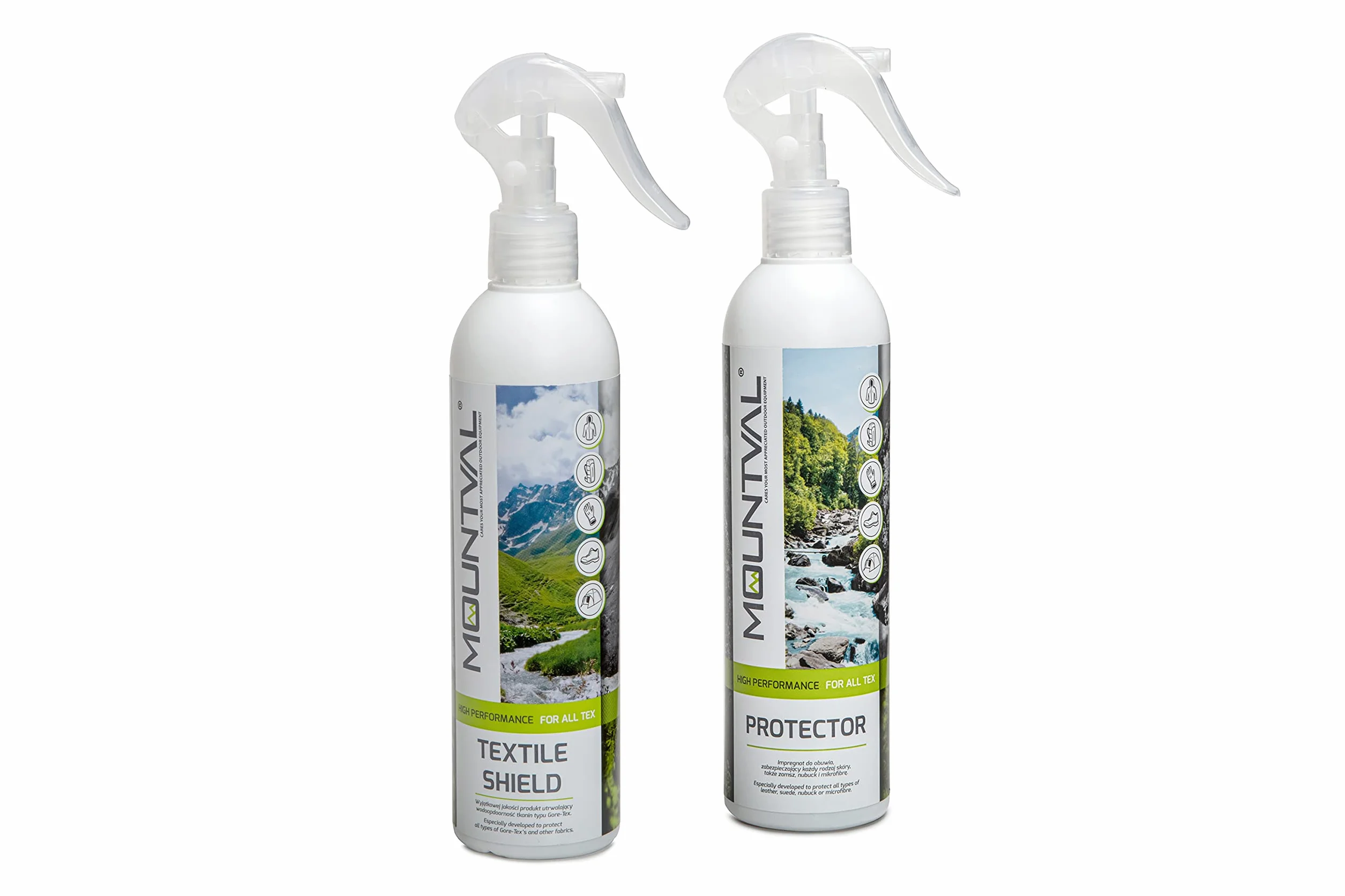 Zestaw Mountval Protector, 2 x 300ml, Mountval Textile Shield do Odzieży, Mountval Protector do Obuwia, Skóra, Nubuk, Zamsz, Tkanina & GORE-TEX