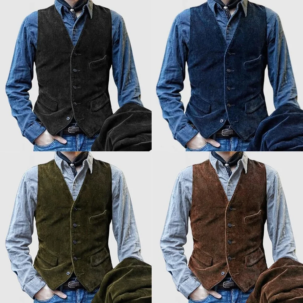 Besttoolifes Męska sztruksowa kamizelka zapinana na guziki, płaszcz vintage, brytyjski styl, wąska kamizelka bez rękawów