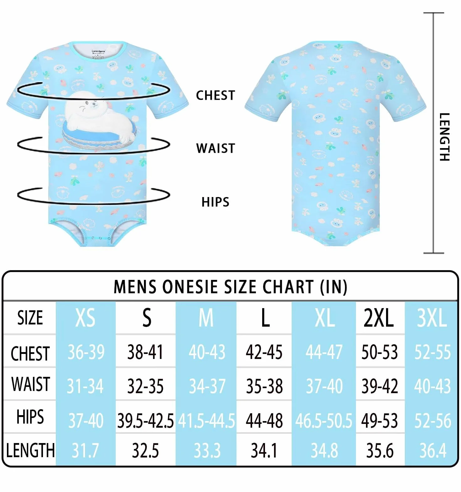 Landofgenie Męskie Onesie Bawełniane Pidżama Bodysuit Pidżama dla Mężczyzn Jednoczęściowy Romper-Sea Lions