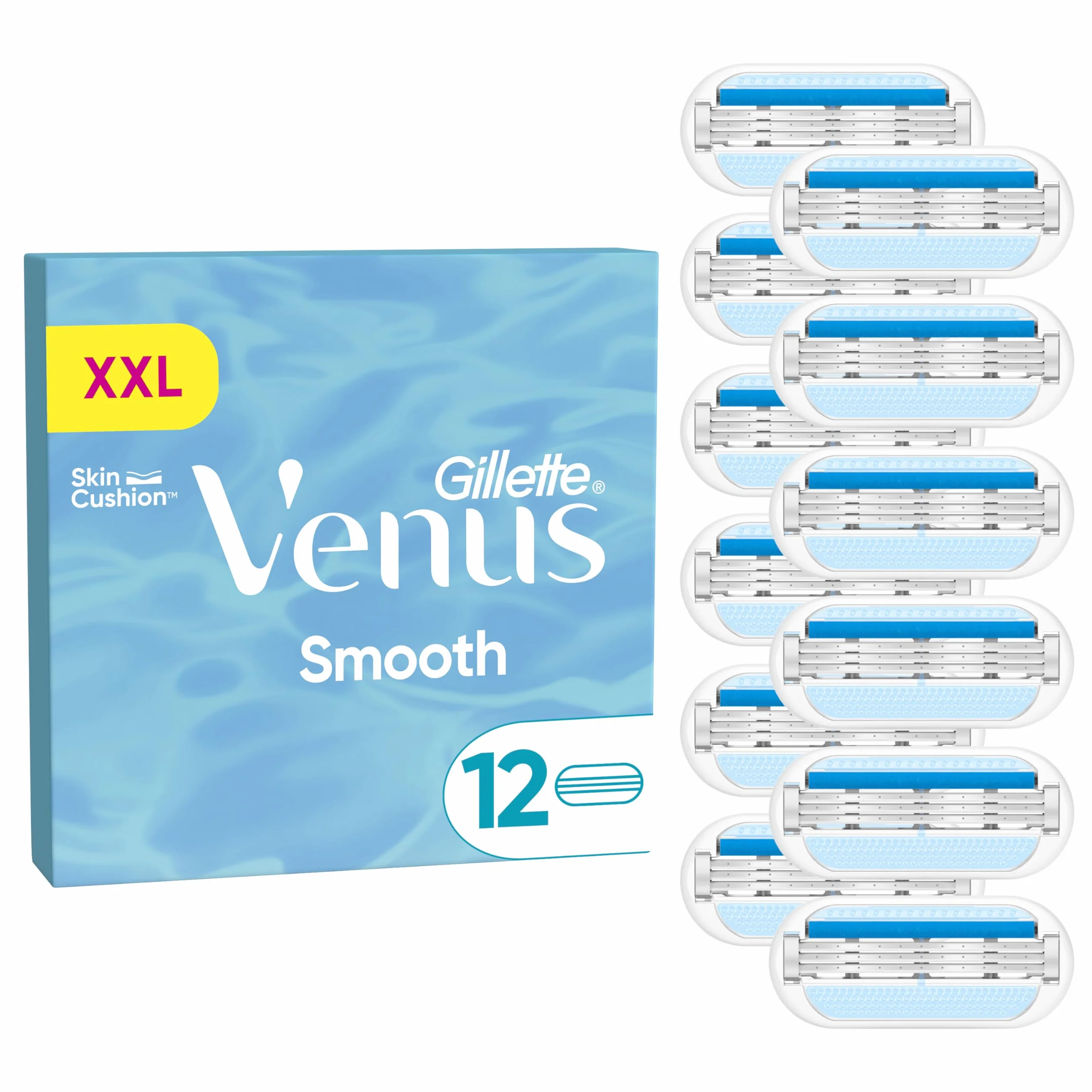 Gillette Venus Smooth Wkłady wymienne do maszynki do golenia dla kobiet, pakiet 12 wkładów, 3 dopasowujące się do kształtów ciała ostrza otoczone poduszeczkami ochronnymi