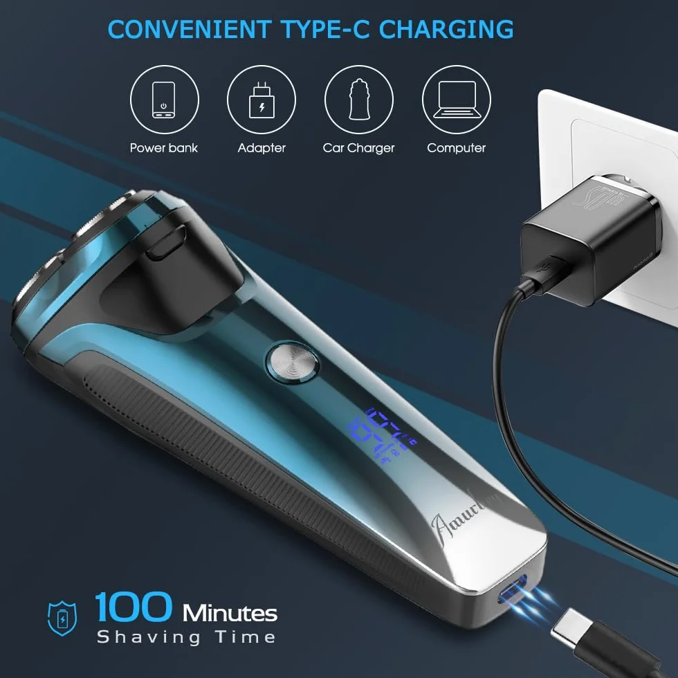 Elektryczna golarka męska, [2026], elektryczna maszynka do golenia IPX7 dla mężczyzn, golarka elektryczna z trymerem do brody, USB-C, czas pracy 120 min (niebieska)