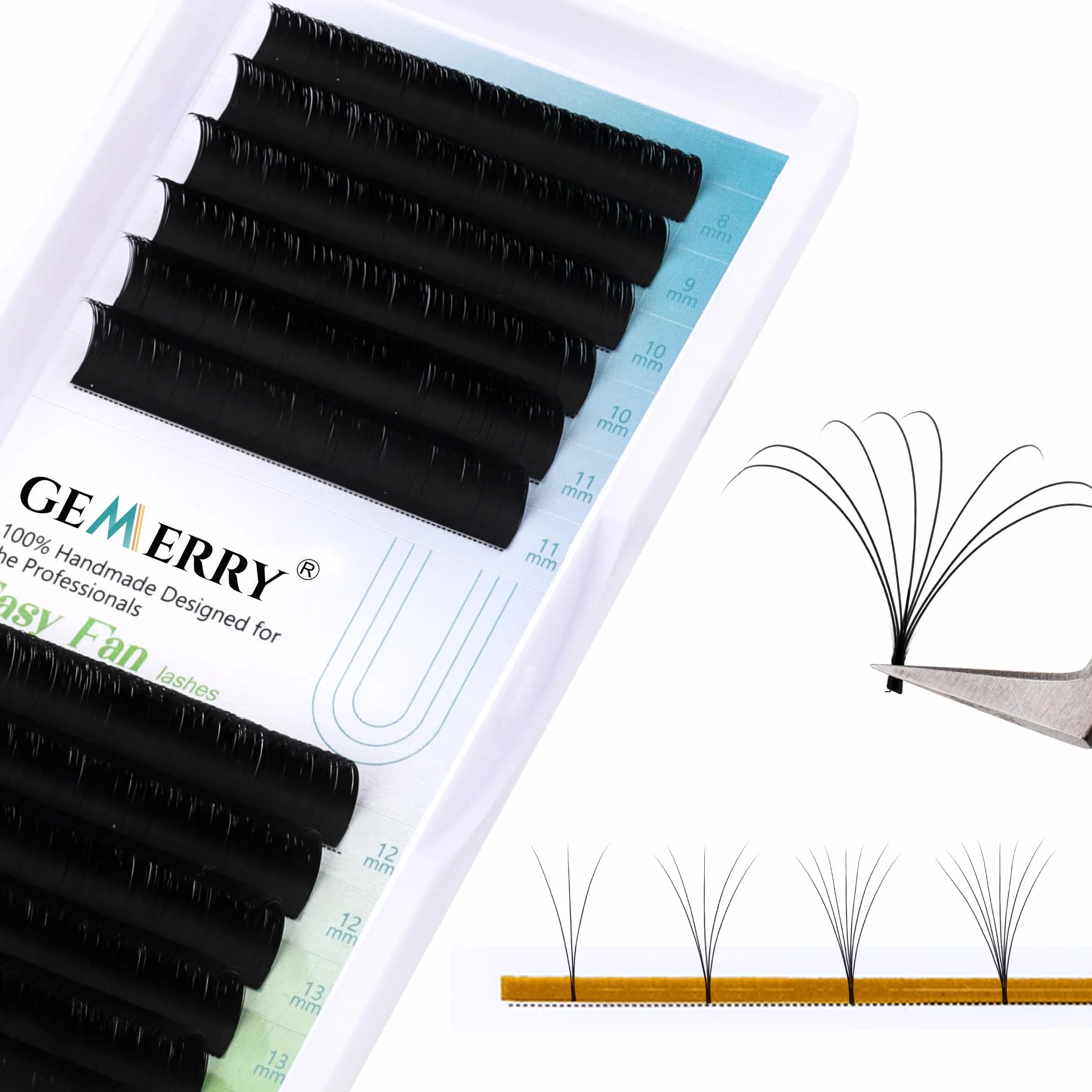 Rzęsy wachlarzowe, C curl 0,07, technika objętościowa, przedłużenia rzęs Easy Fan 3D, 5D, 8D, 10D, długość 8-14 mm, mieszanka rzęs do przedłużania rzęs od GEMERRY (0,07, mieszanka C curl)