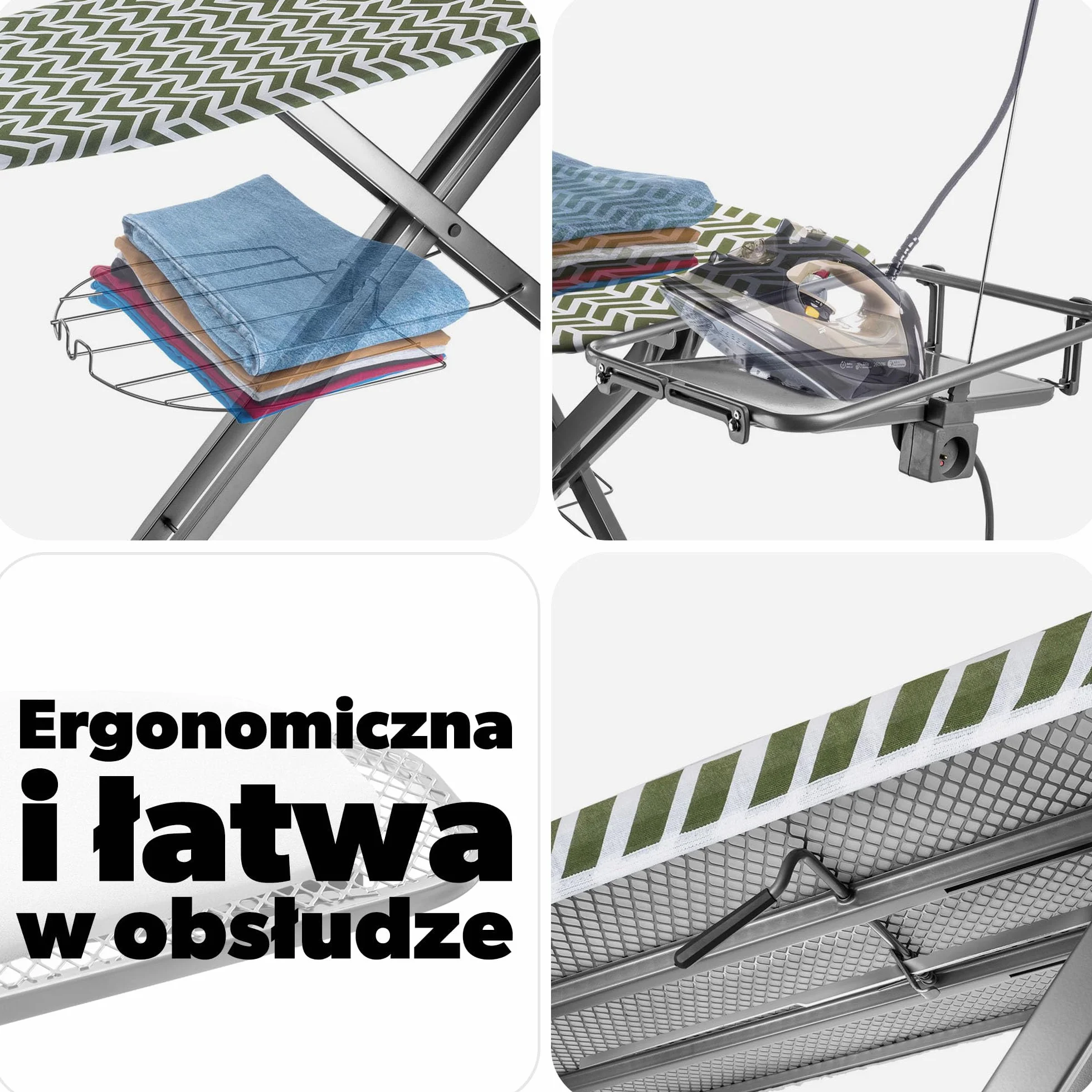 Kadax Składana deska do prasowania z wtyczką, regulacją wysokości, zdejmowanym pokrowcem, rękawem do prasowania oraz uchwytem na żelazko i wspornikiem na kabel (zielona)