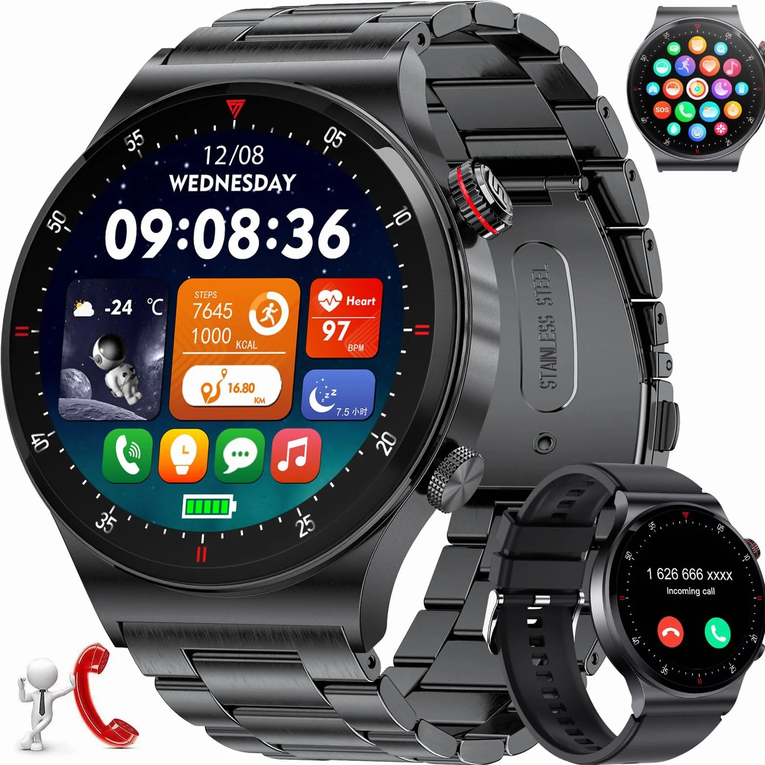 LIGE męski inteligentny zegarek z połączeniem Bluetooth, 1,39" ekran Amoled Smart Watch z 24/7, tętno, SpO2, monitor snu dla Androida iOS, 110+ Sportmodi, wodoodporny IP68, 200+ tarcza