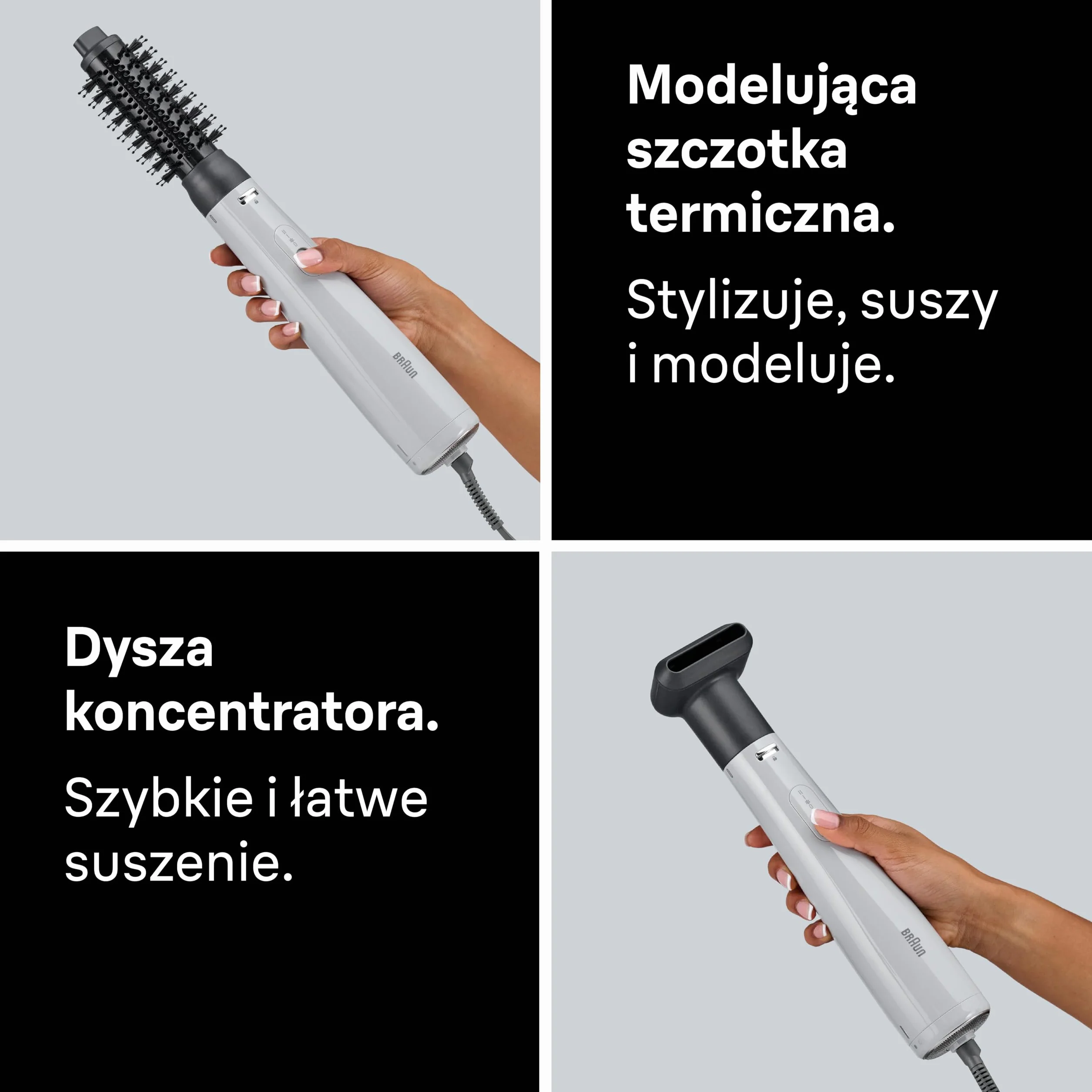 Braun Air Styler AS2.21, szczotka termiczna, dysza do suszenia, silnik 800W, 2 tryby temperatury/prędkości, chłodny nawiew, technologia IONTEC, szare wykończenie, BRAS221E