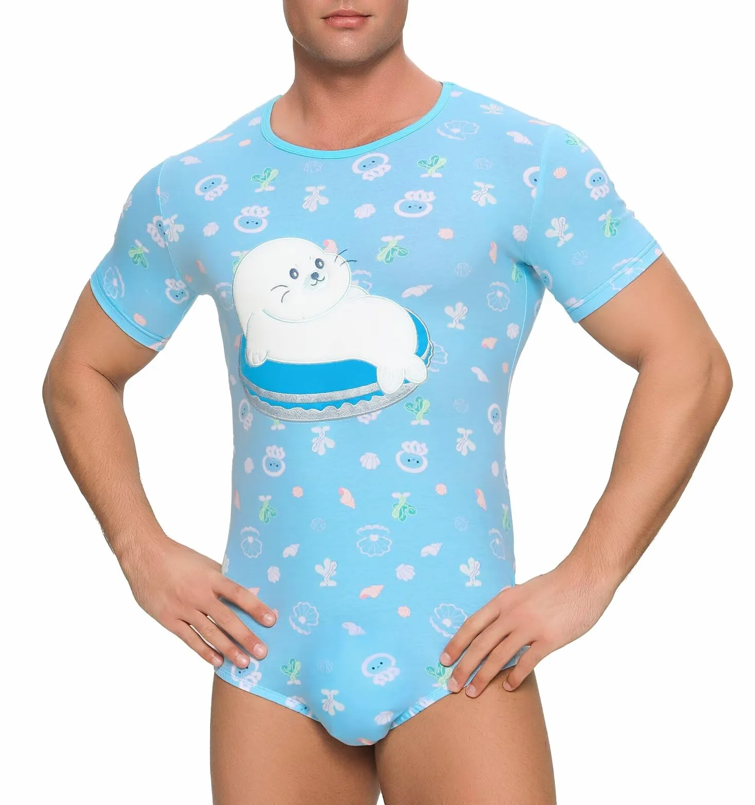 Landofgenie Męskie Onesie Bawełniane Pidżama Bodysuit Pidżama dla Mężczyzn Jednoczęściowy Romper-Sea Lions