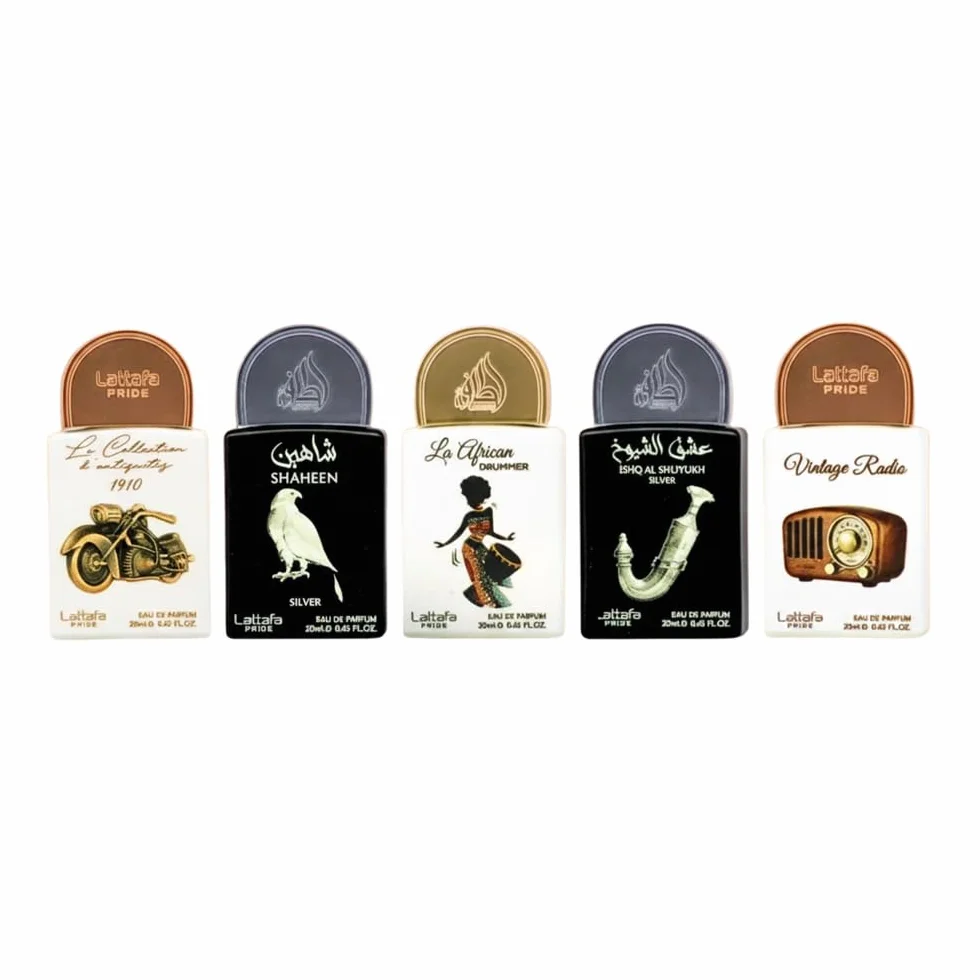 Lattafa Zestaw upominkowy Pride Perfumy z kolekcji nr 5 (5 x 20 ml) | Luksusowy zestaw upominkowy dla mężczyzn i kobiet | arabskie długotrwałe zapachy | Mini spray podróżny