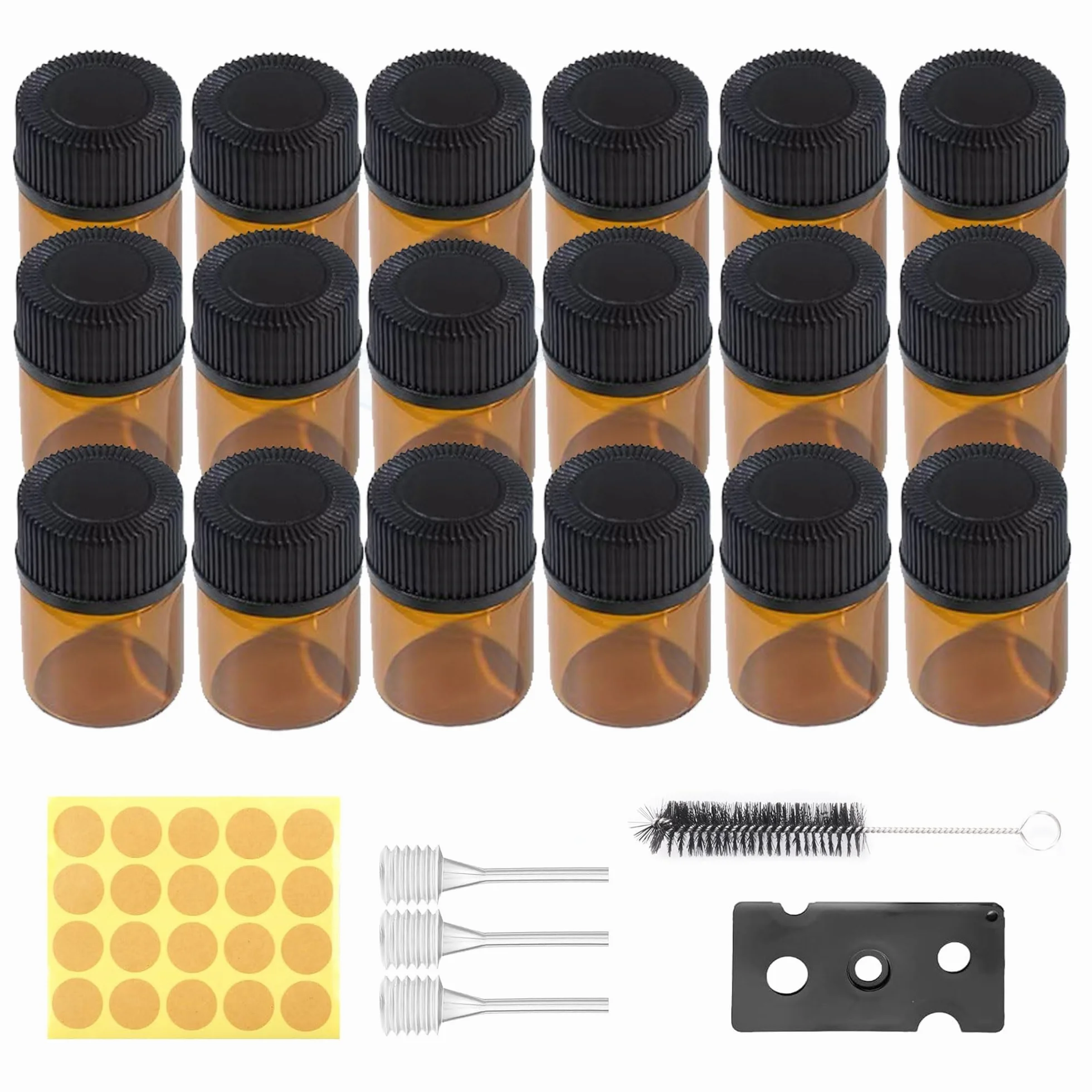 100 sztuk mini butelek szklanych z brązowego szkła 1 ml, w zestawie z pędzlem, przecinakiem do koralików, słomką i naklejkami, mini brązowe puste szklane butelki na olejki eteryczne z Orifice, do