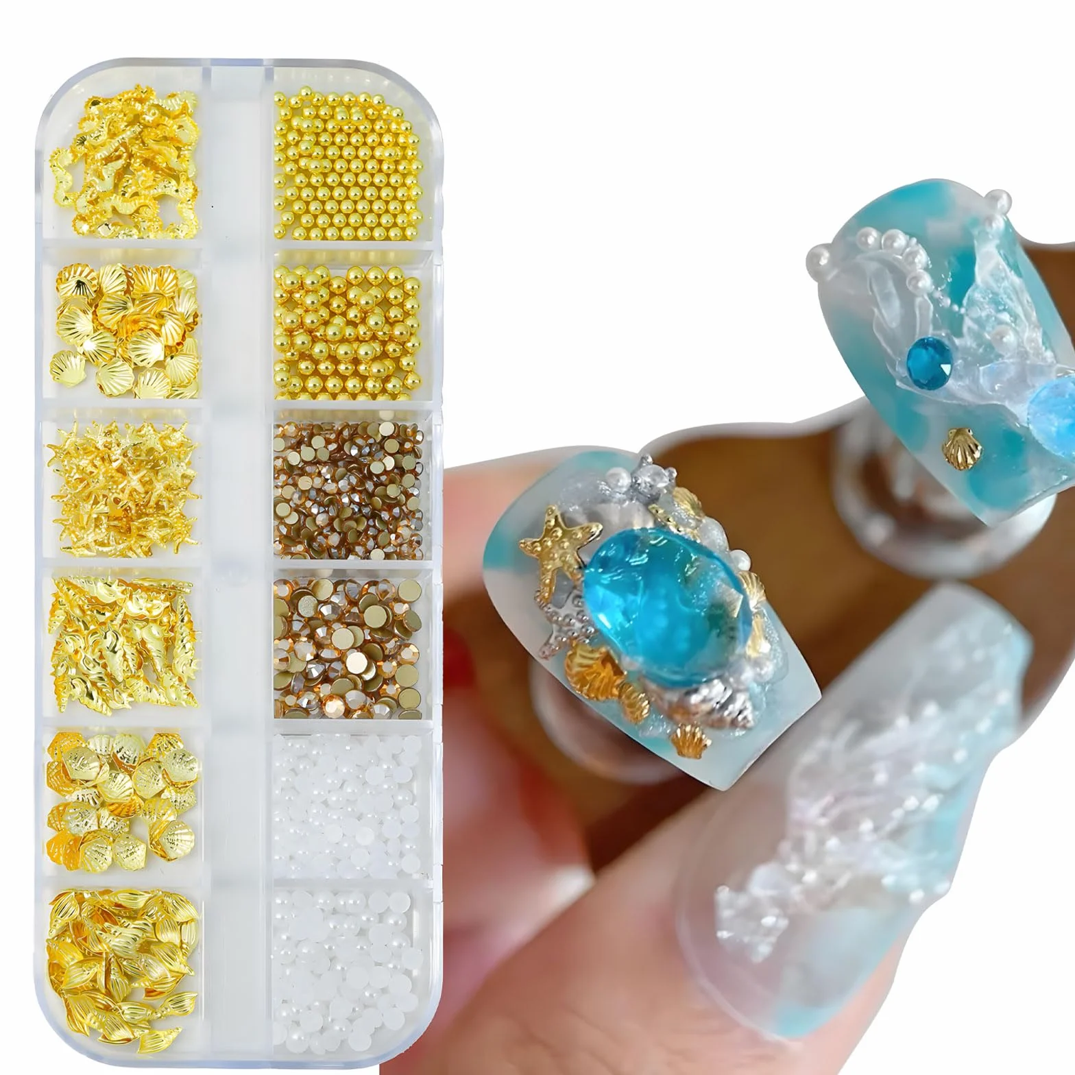 Dreamil Zawieszka do paznokci z motywem oceanu, złote zawieszki do paznokci, złote zawieszki 3D, do samodzielnego zdobienia paznokci, manicure na wesela, imprezy plażowe.