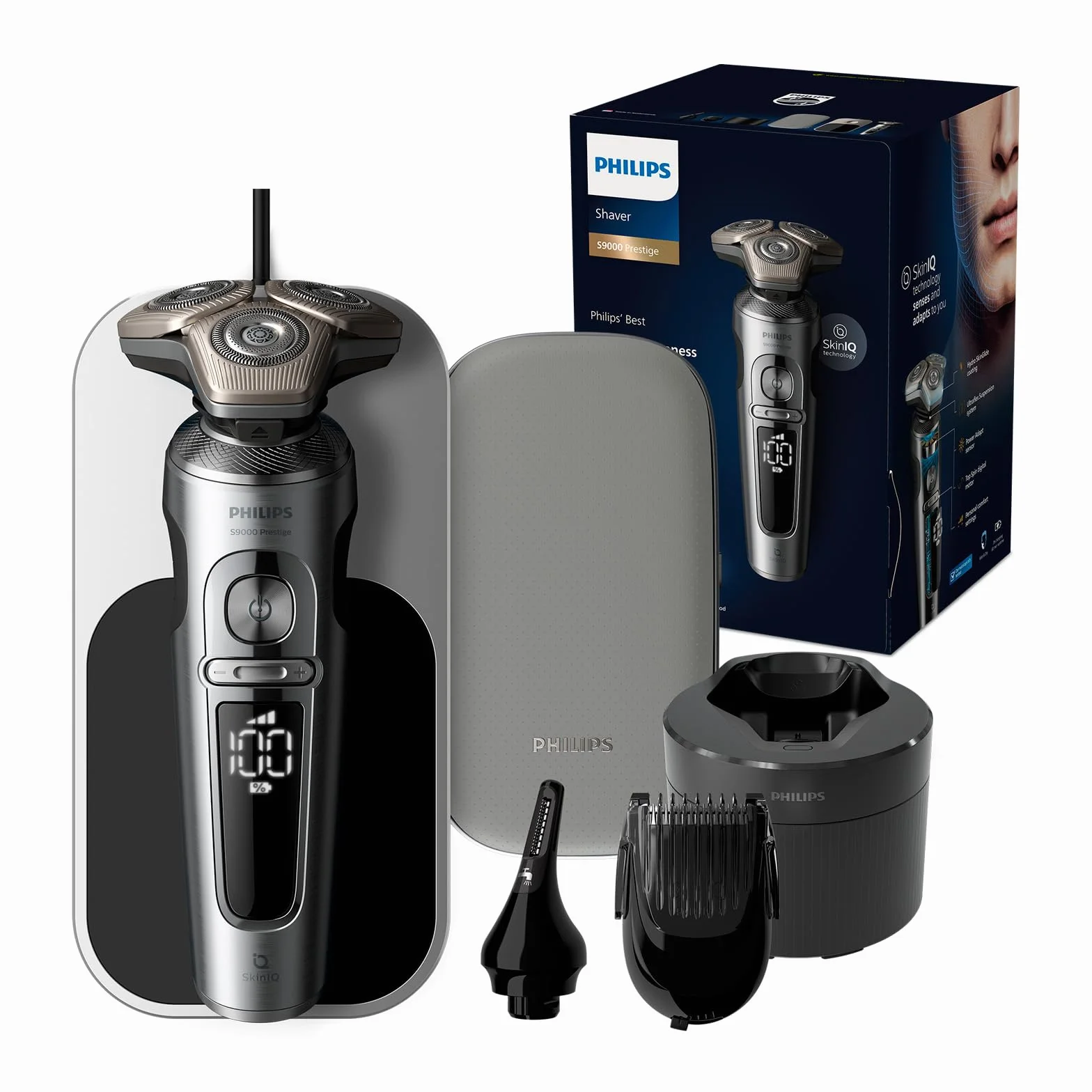 Golarka elektryczna Philips Series 9000 do golenia na mokro i sucho z technologią SkinIQ, podkładką ładującą, trymerem do nosa i brody, wkładem czyszczącym (Model SP9885/35)