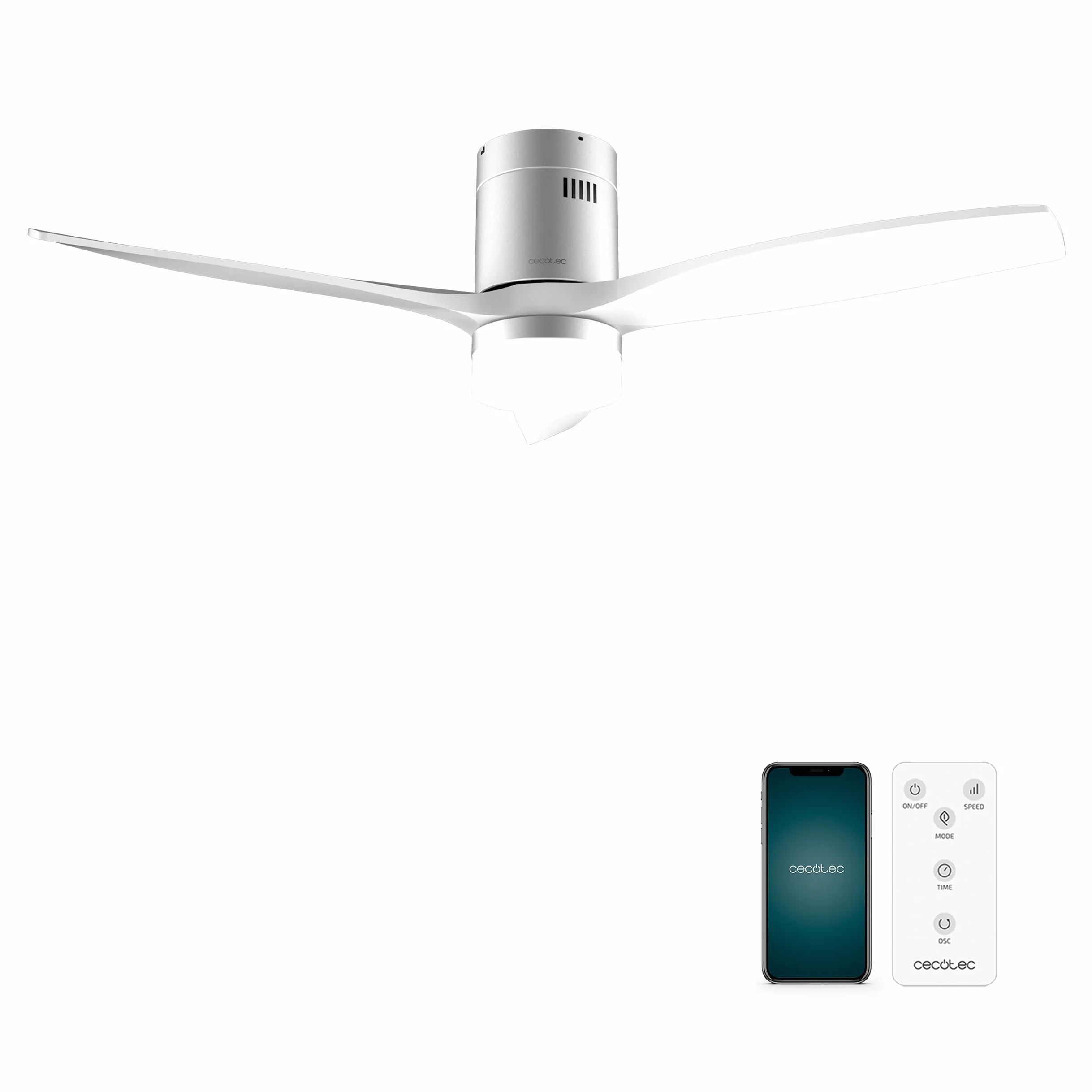Cecotec - Wentylator sufitowy EnergySilence Aero 5600 Aqua IronWhite - 40 W i 52", Wi-Fi, pilot, stopień ochrony IP44, światło, 6 prędkości, 3 łopatki, tryb zima-lato, timer 8h